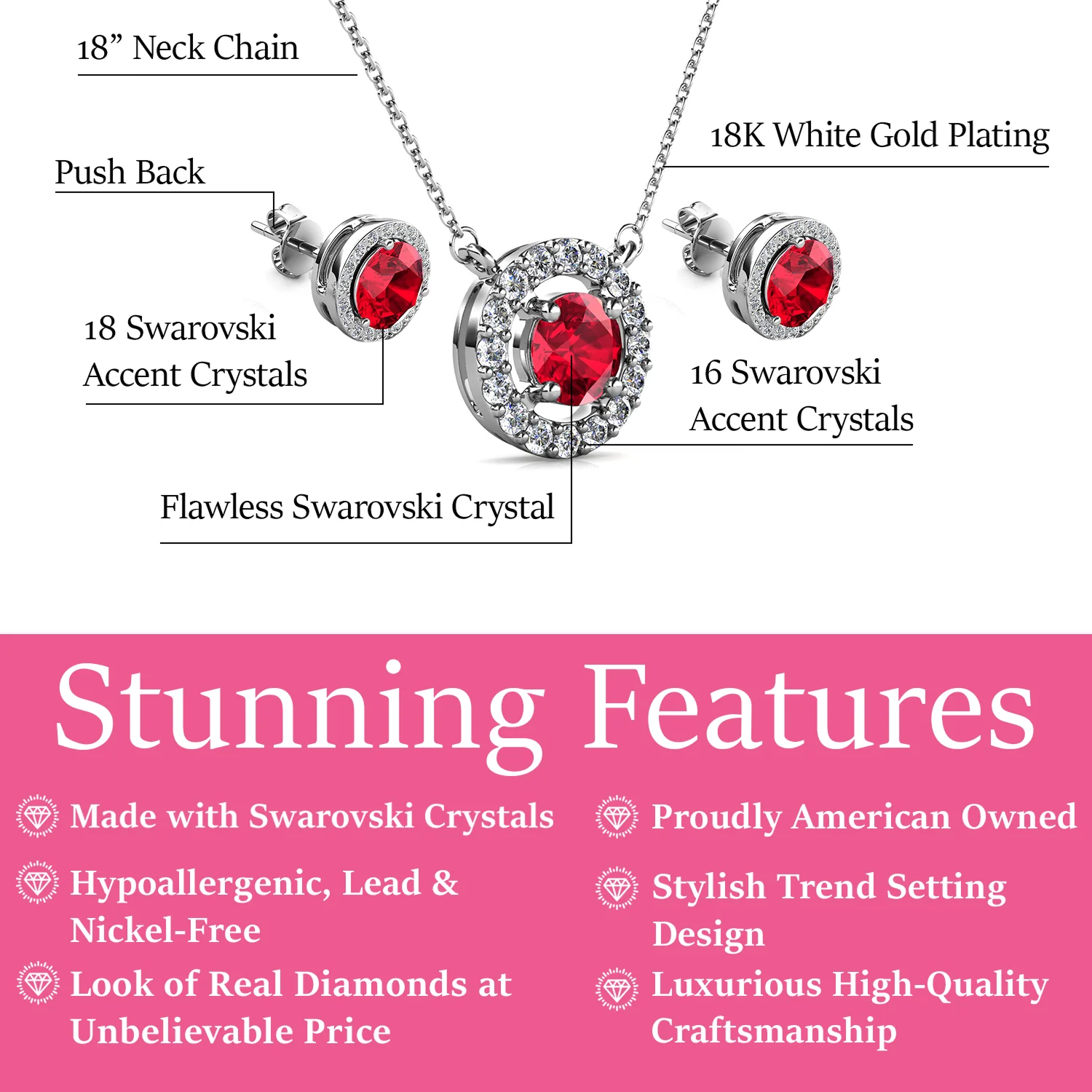 Royal Birthstone 18k White Gold Plated Halo Stud Earrings and Necklace Set with Swarovski Crystals - Image 19