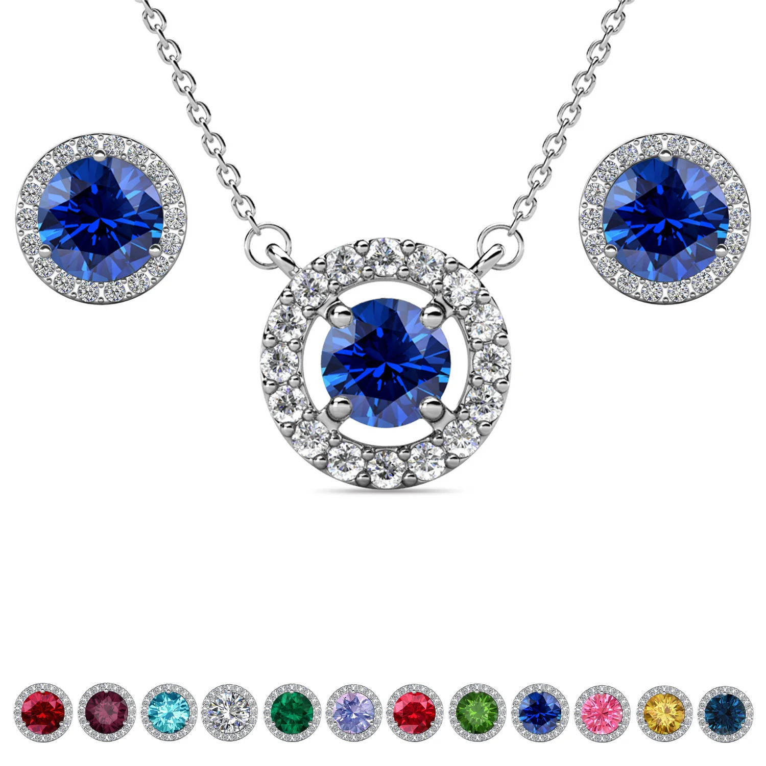Royal Birthstone 18k White Gold Plated Halo Stud Earrings and Necklace Set with Swarovski Crystals - Image 22