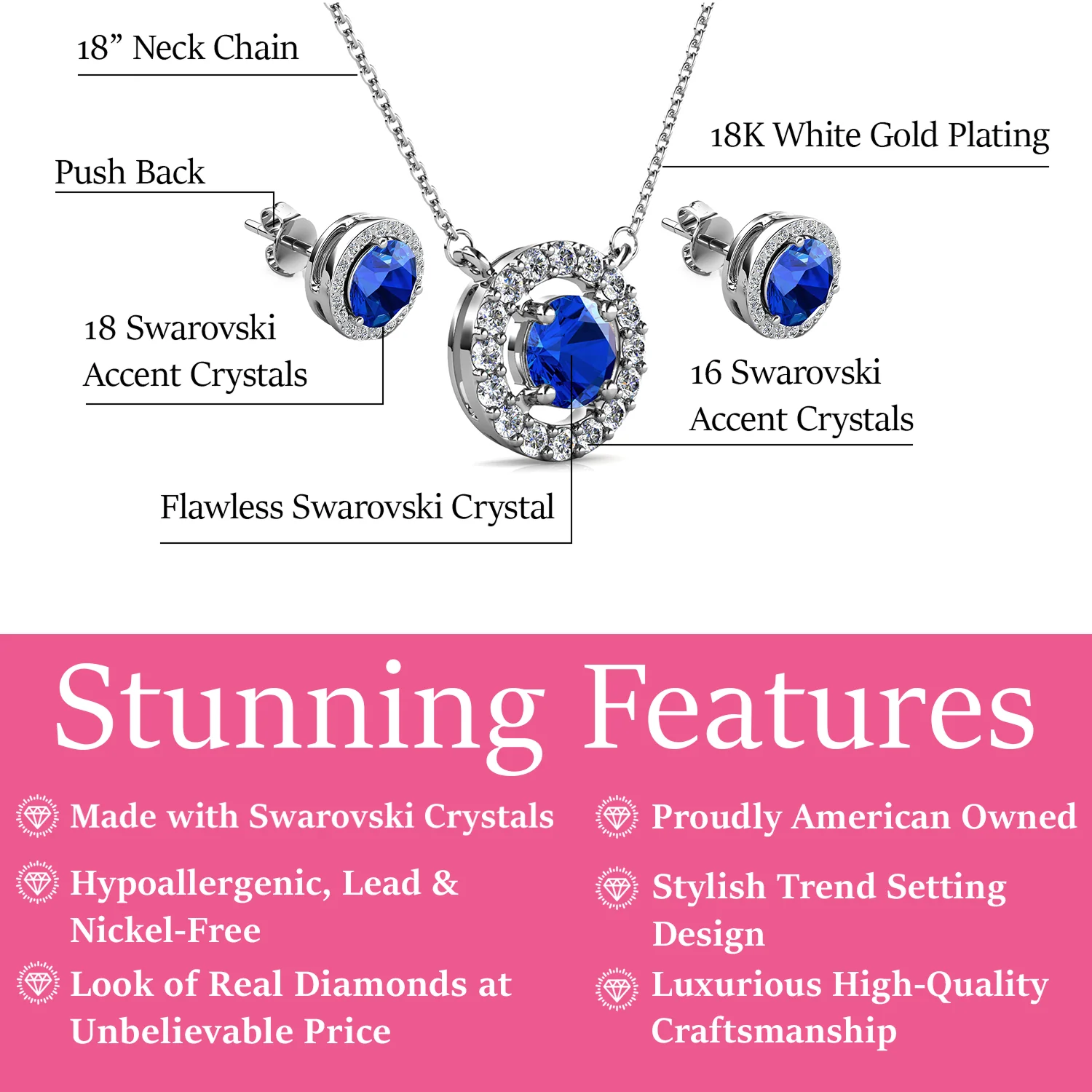 Royal Birthstone 18k White Gold Plated Halo Stud Earrings and Necklace Set with Swarovski Crystals - Image 23