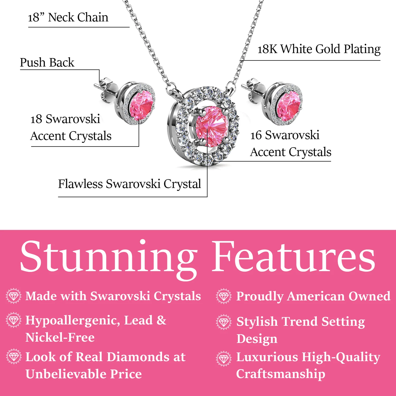 Royal Birthstone 18k White Gold Plated Halo Stud Earrings and Necklace Set with Swarovski Crystals - Image 25