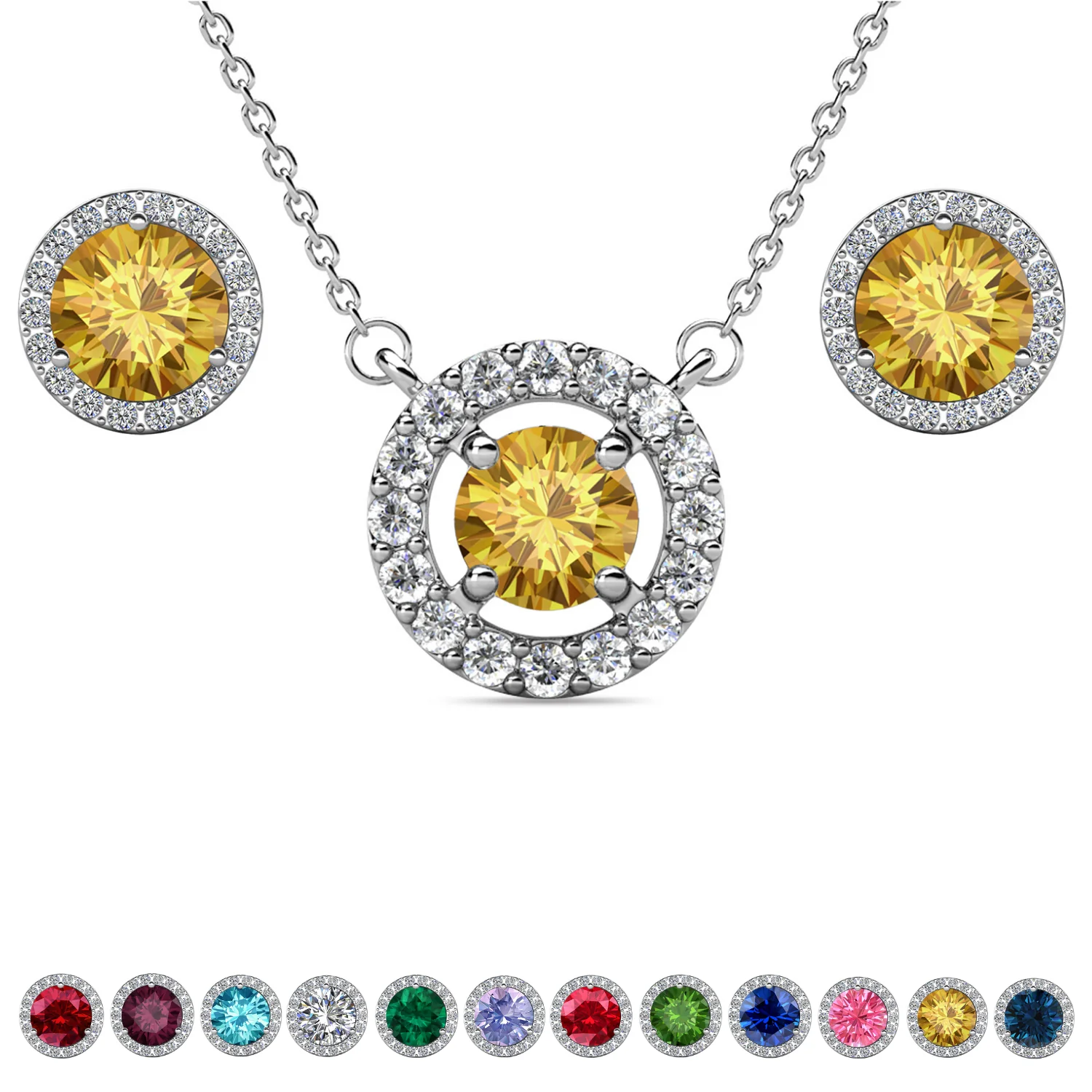 Royal Birthstone 18k White Gold Plated Halo Stud Earrings and Necklace Set with Swarovski Crystals - Image 26
