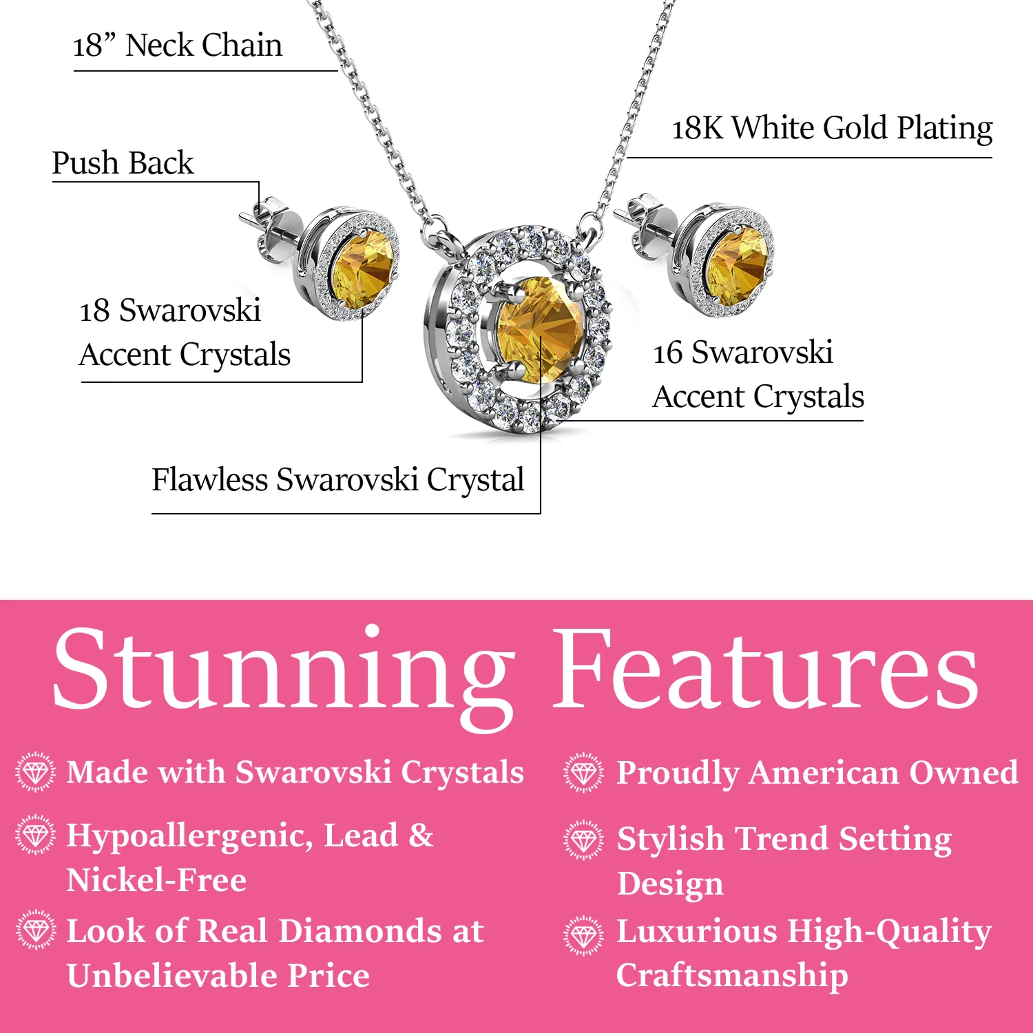 Royal Birthstone 18k White Gold Plated Halo Stud Earrings and Necklace Set with Swarovski Crystals - Image 27