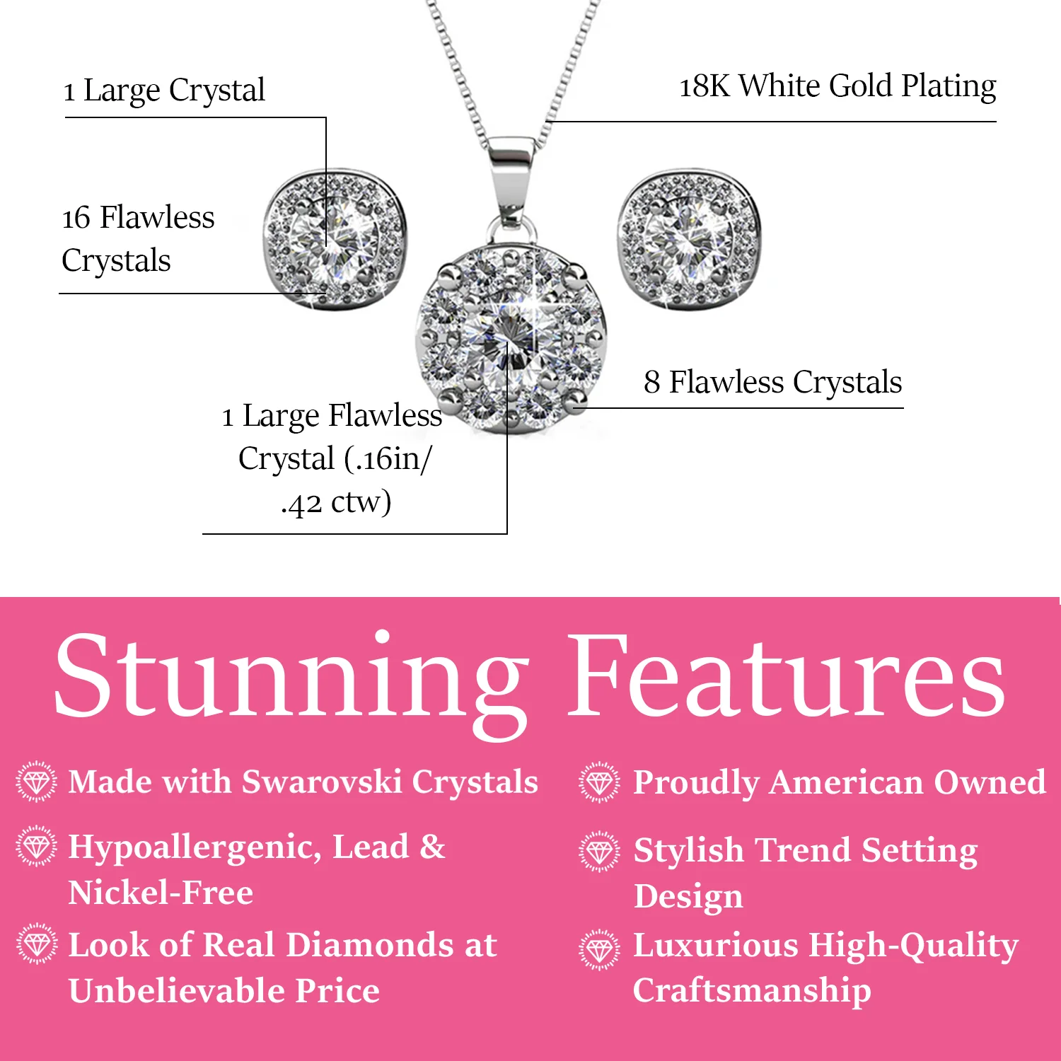 Ruth 18k White Gold Plated Stud Earrings and Necklace Jewelry Set with Swarovski Crystals - Image 3