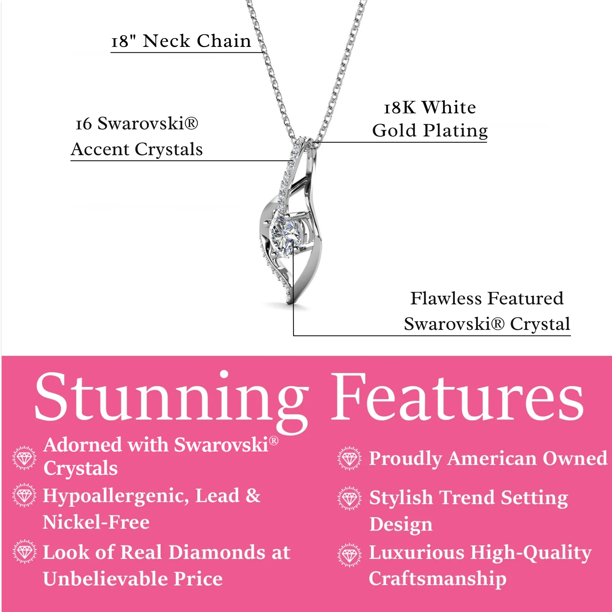 Sabrina 18k White Gold Plated Pendant Necklace with Swarovski Crystals - Image 3