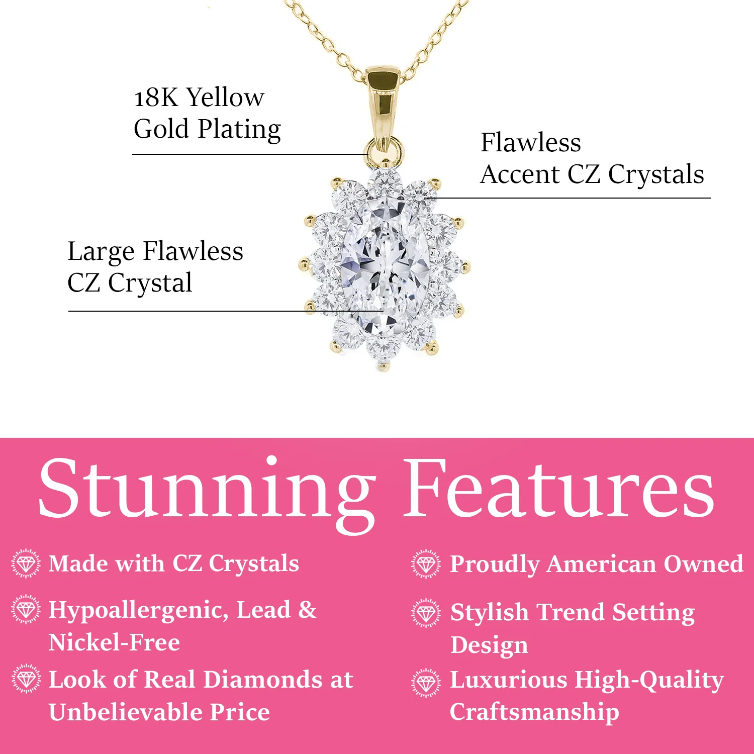 Sage 18k White Gold Plated Pendant Necklace with Oval Cut Simulated Diamond Crystals - Image 12