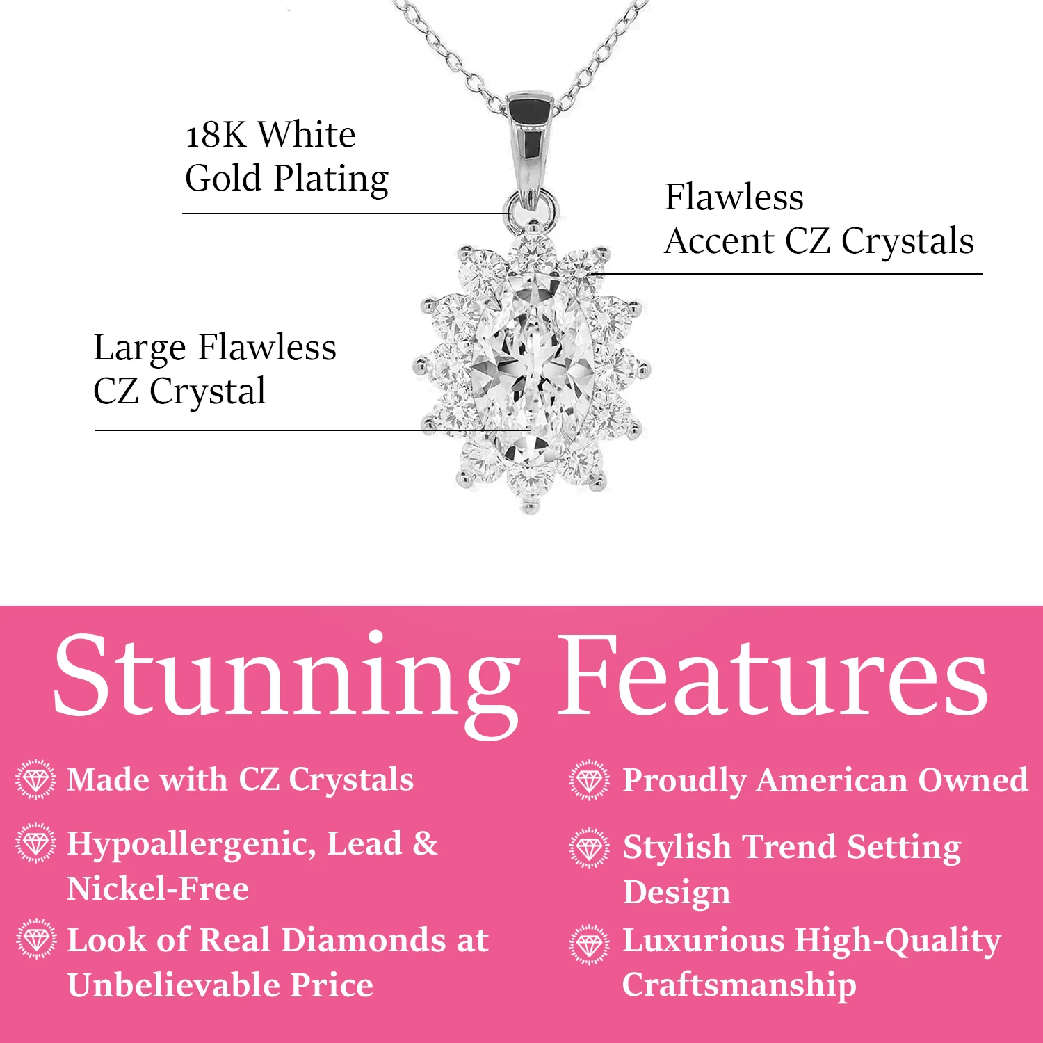 Sage 18k White Gold Plated Pendant Necklace with Oval Cut Simulated Diamond Crystals - Image 3