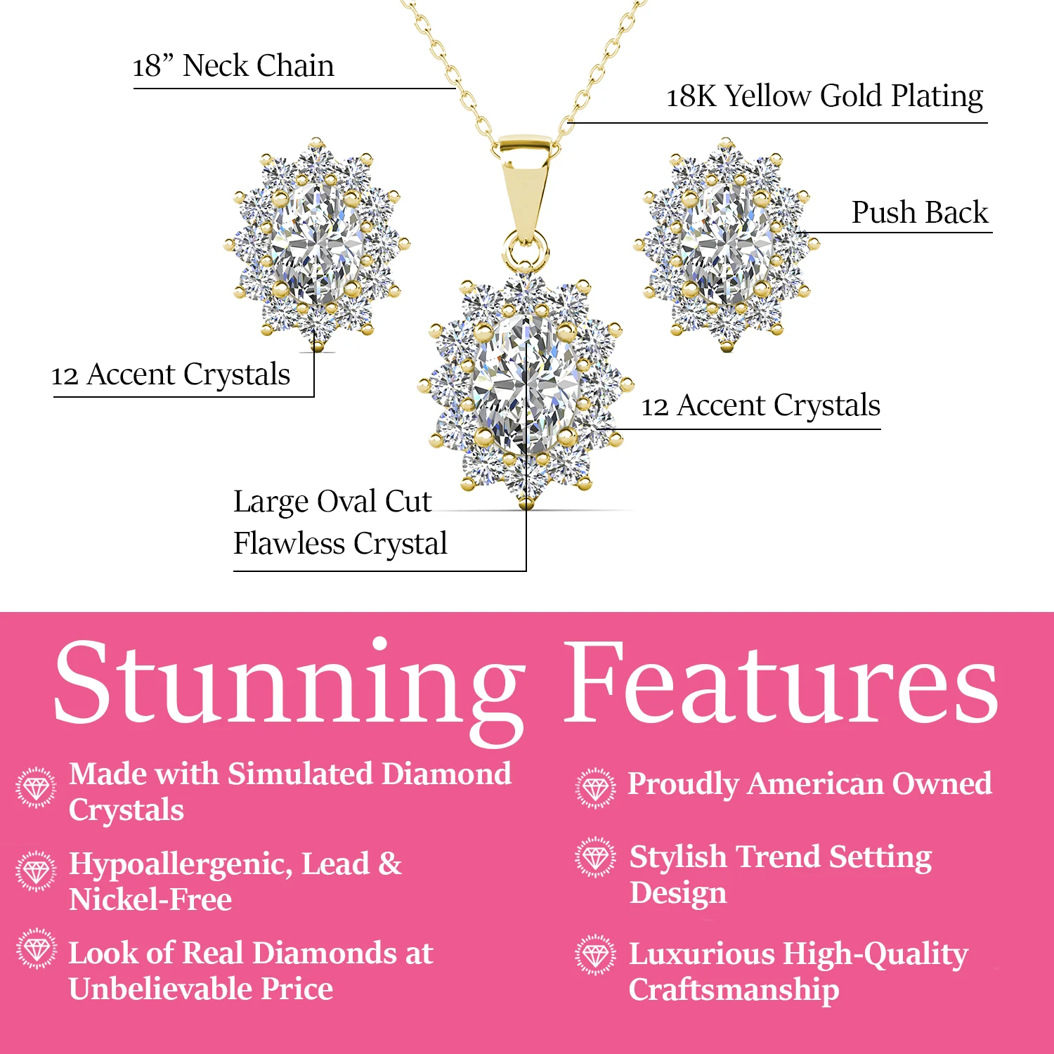 Sage 18k White Gold Plated Stud Earrings and Necklace Set with Oval Cut Simulated Diamond Crystals - Image 10