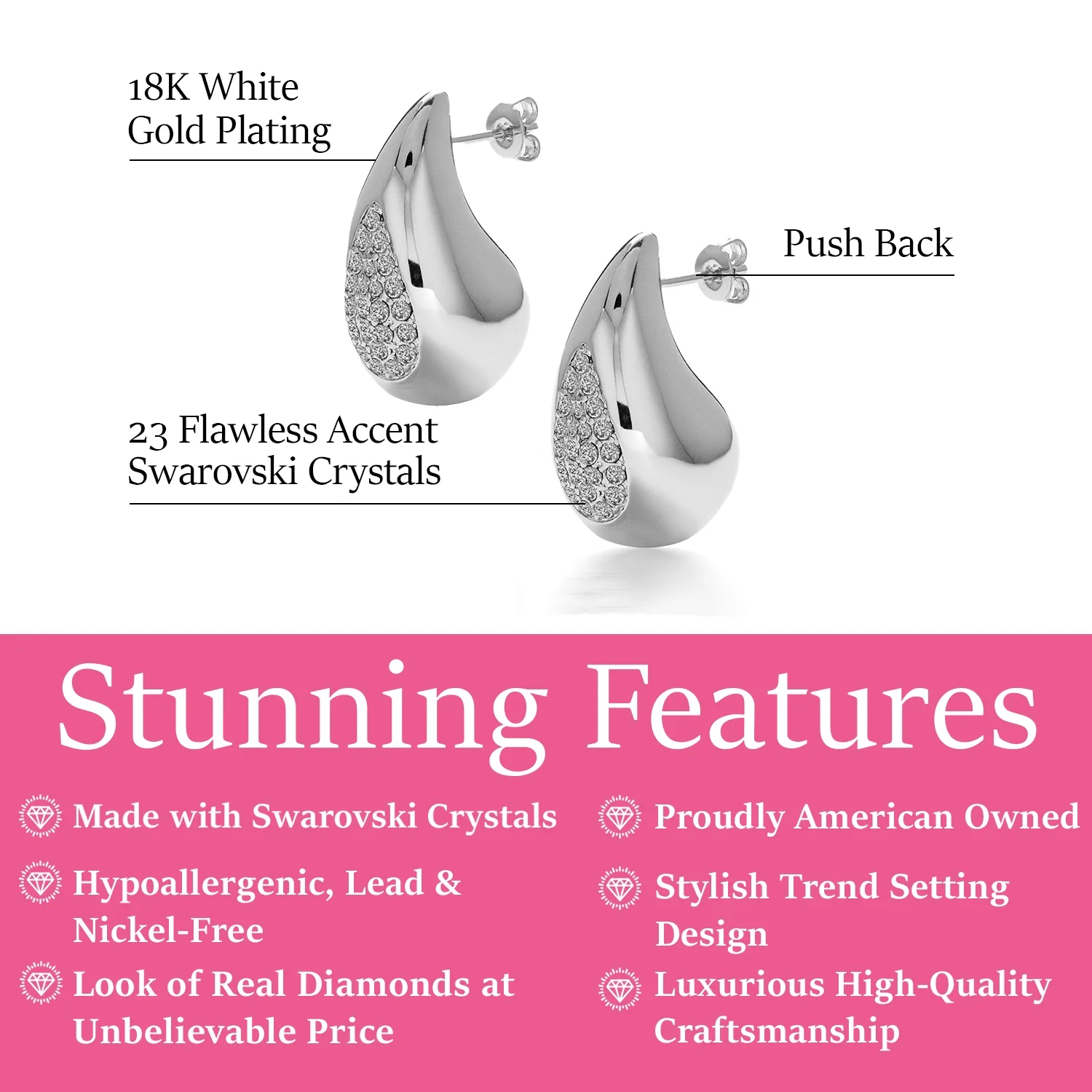Sally 18k White Gold Plated Tear drop Stud Earrings with Swarovski Crystals - Image 3