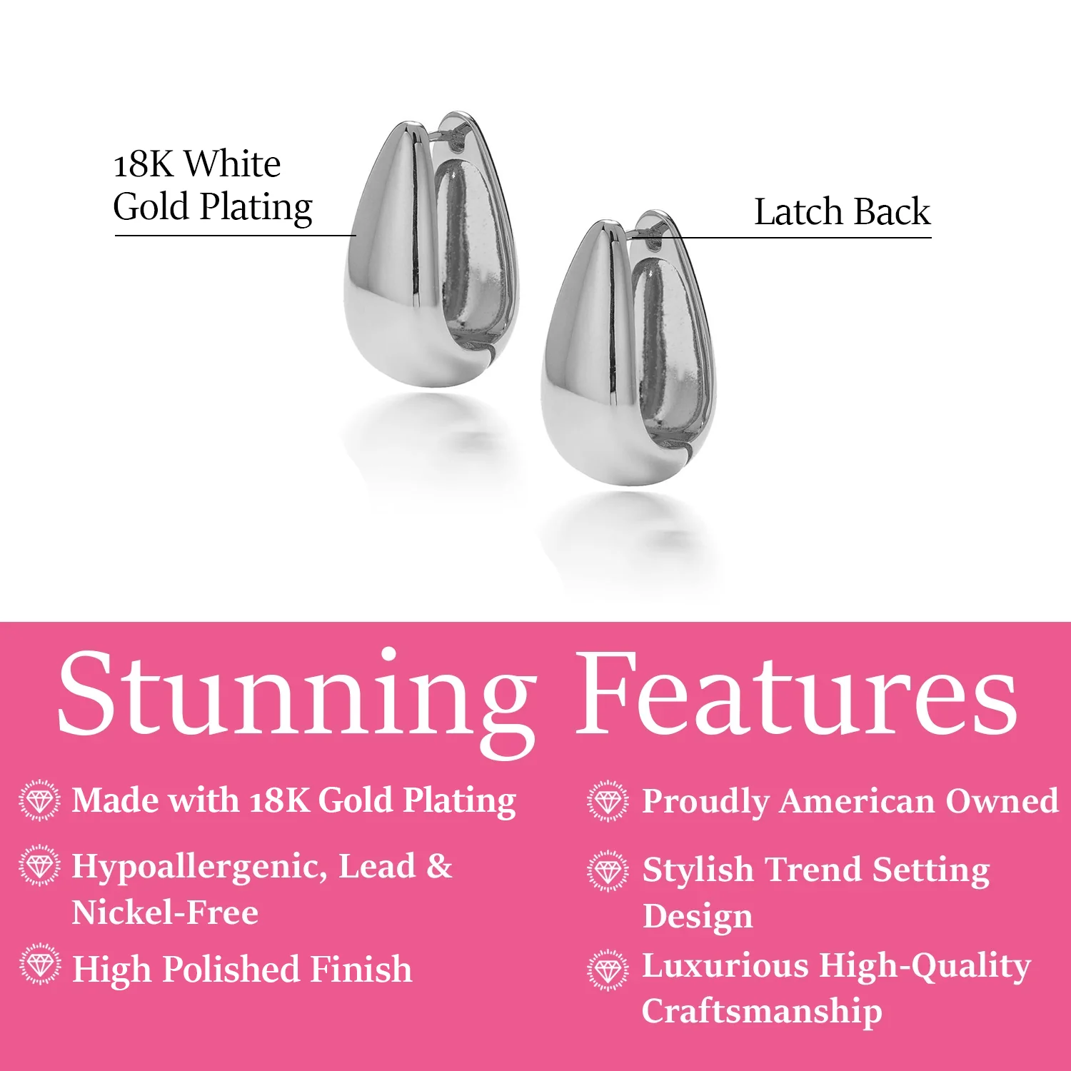 Salma 18k White Gold Plated 15mm Chunky U-Shaped Hoop Earrings - Image 3