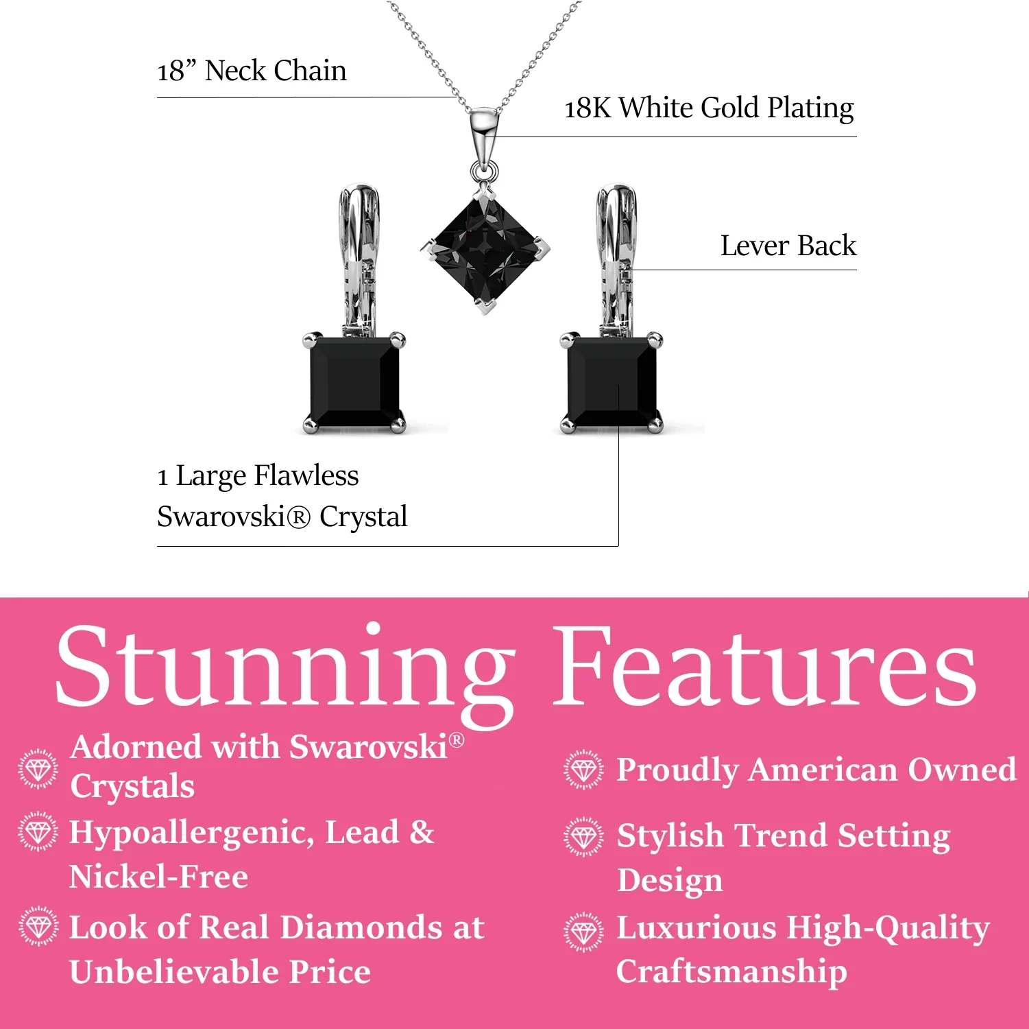 Samantha 18k White Gold Plated Drop Earrings and Necklace Jewelry Set with Black Swarovski Crystal - Image 3