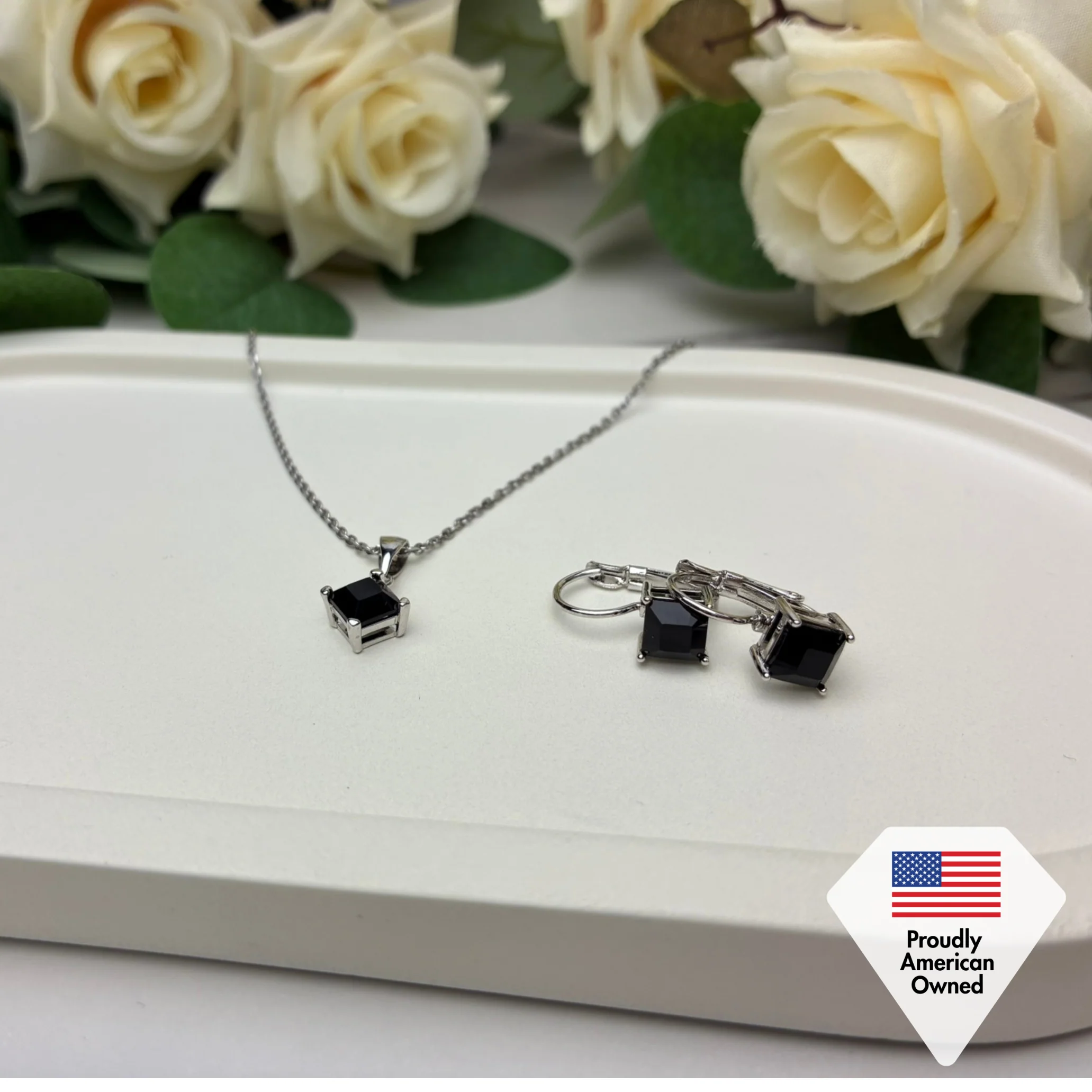 Samantha 18k White Gold Plated Drop Earrings and Necklace Jewelry Set with Black Swarovski Crystal - Image 8