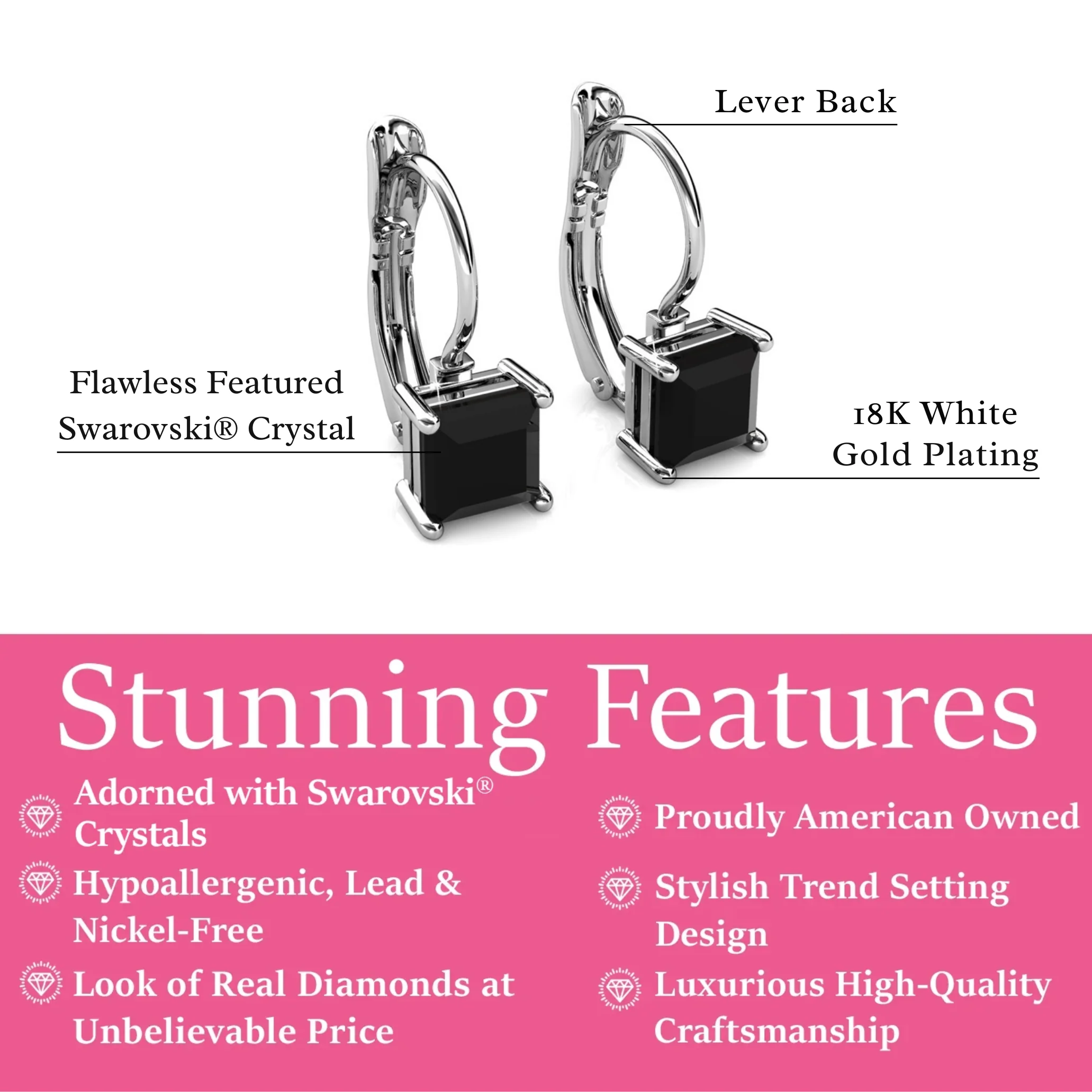 Samantha 18k White Gold Plated Drop Earrings with Black Swarovski Crystals - Image 3