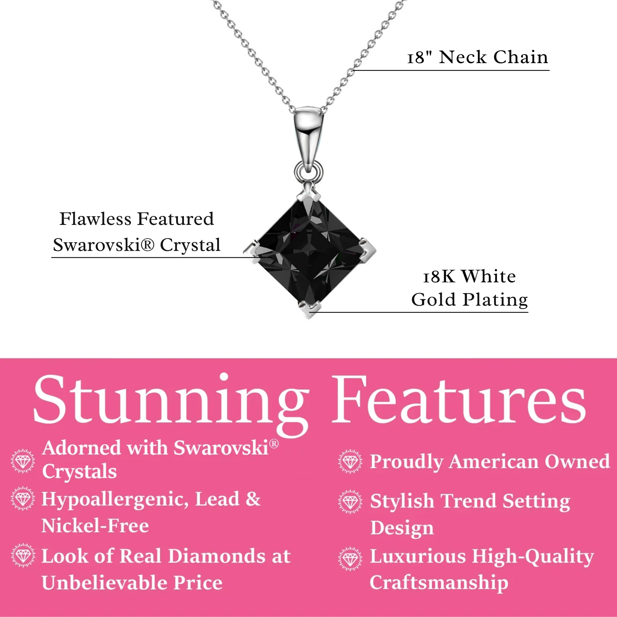 Samantha 18k White Gold Plated Pendant Necklace with Black Swarovski Crystal - Image 3