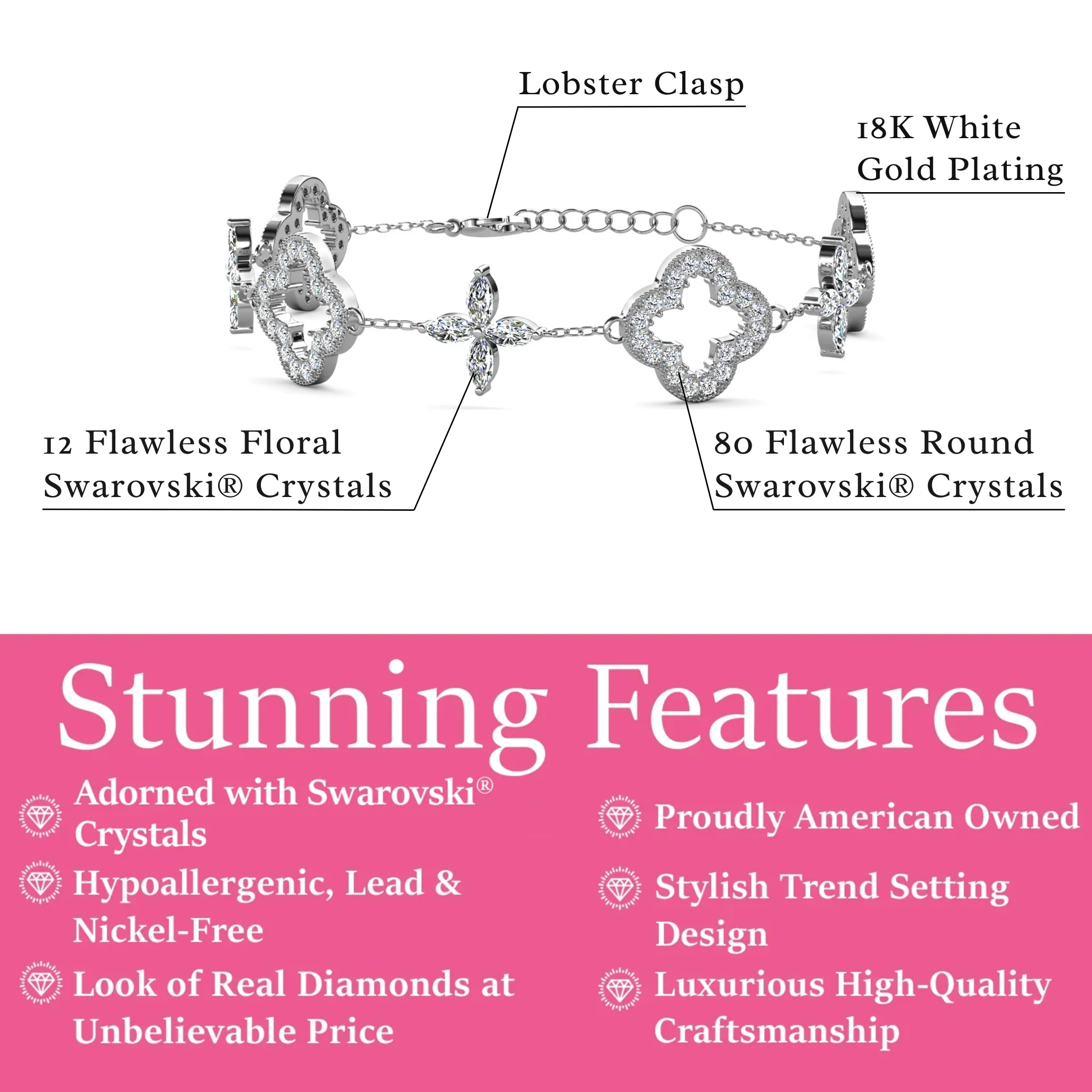 Samara 18k White Gold Plated Clover Station Bracelet with Swarovski Crystals - Image 3