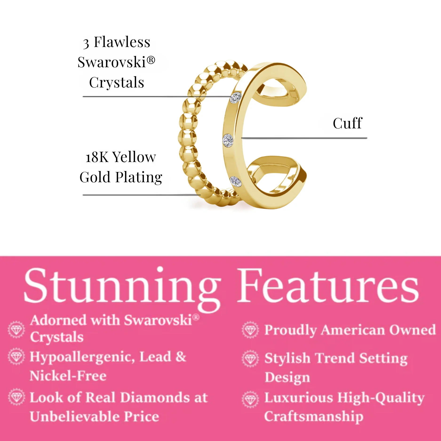 Sasha 18k White Gold Plated 10mm Hoop Ear Cuff with Swarovski Crystals - Image 10