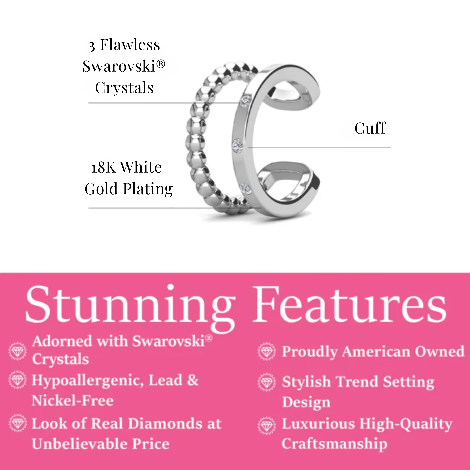 Sasha 18k White Gold Plated 10mm Hoop Ear Cuff with Swarovski Crystals - Image 3