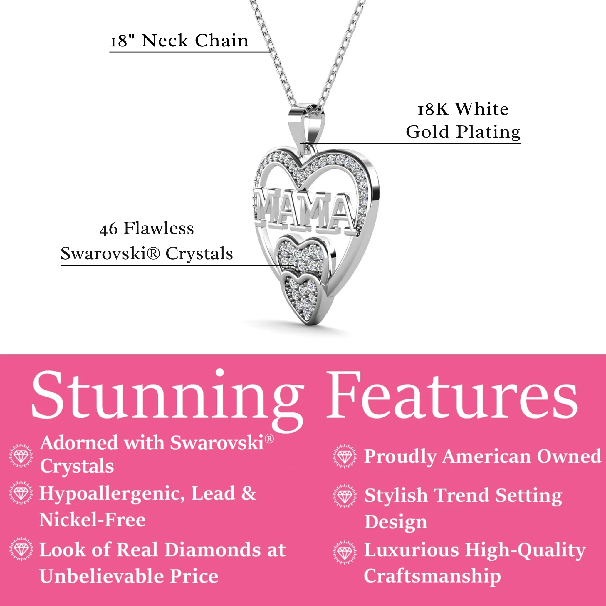 Selena 18k White Gold Plated Mama Heart Pendant Necklace with Simulated Diamond Crystals - Image 3