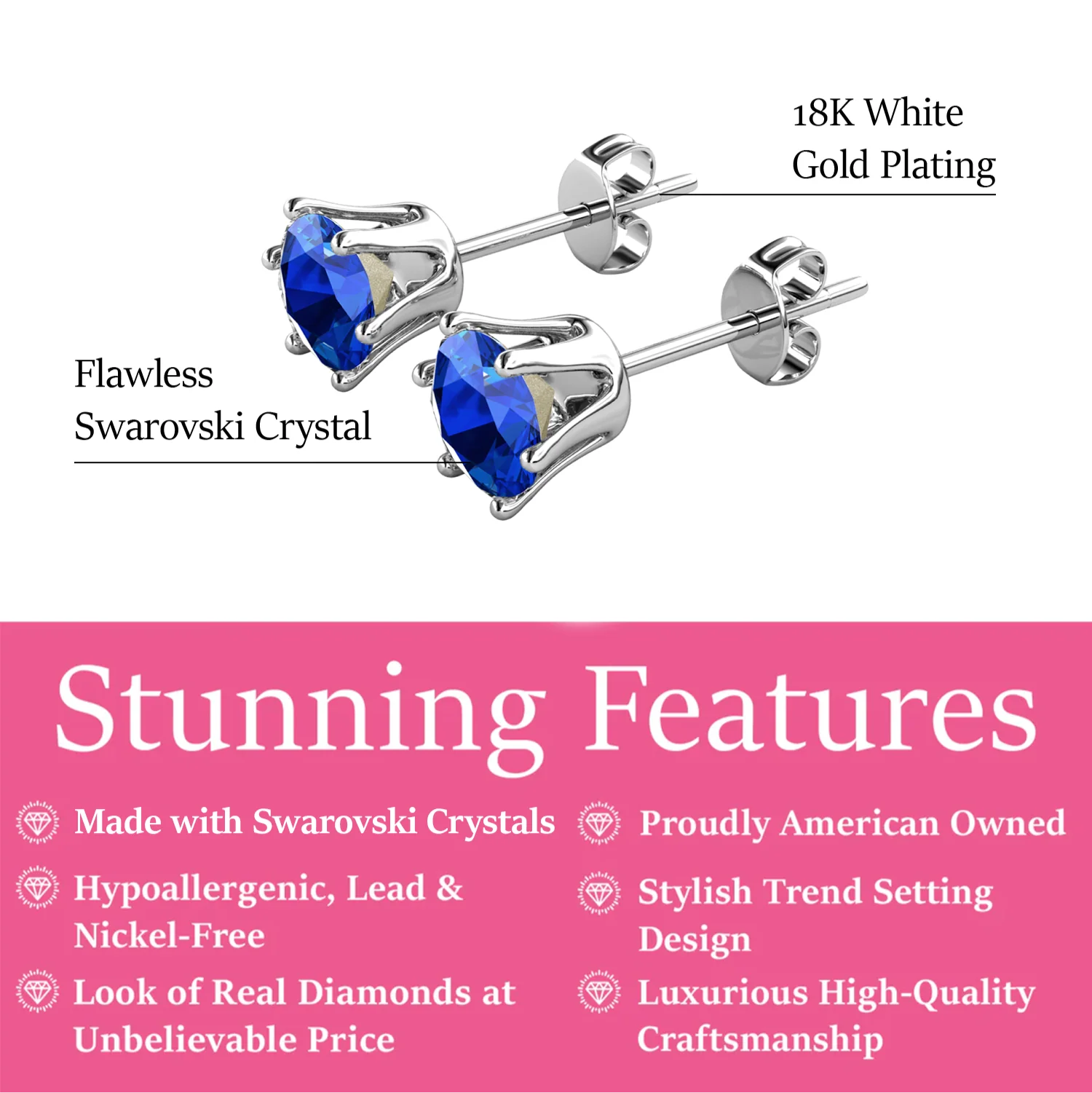 September Birthstone Sapphire Earrings 18k White Gold Plated Stud Earrings with 1CT Swarovski Crystal - Image 2