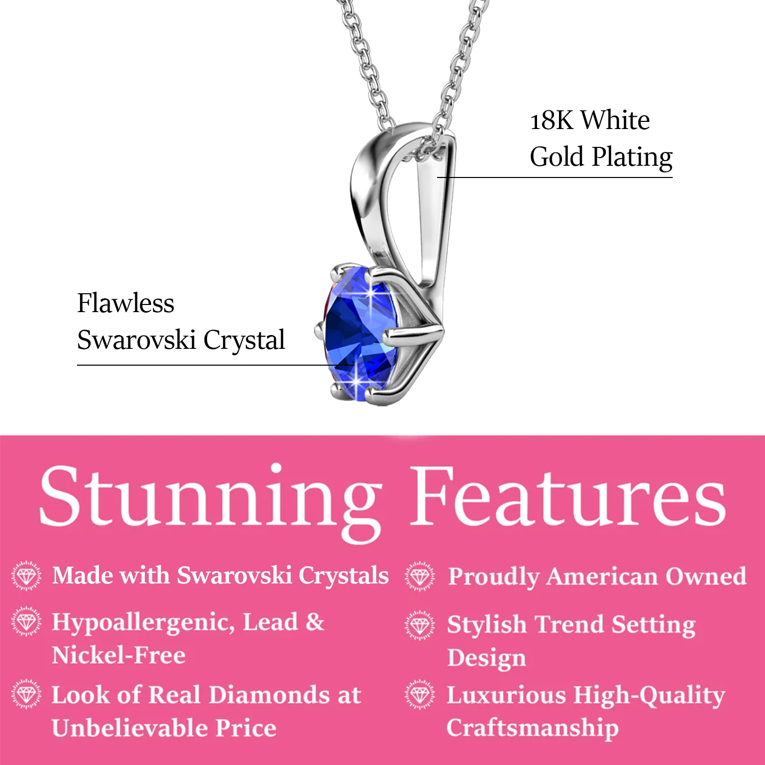 September Birthstone Sapphire Necklace 18k White Gold Plated Solitaire Necklace with 1CT Swarovski Crystal - Image 2