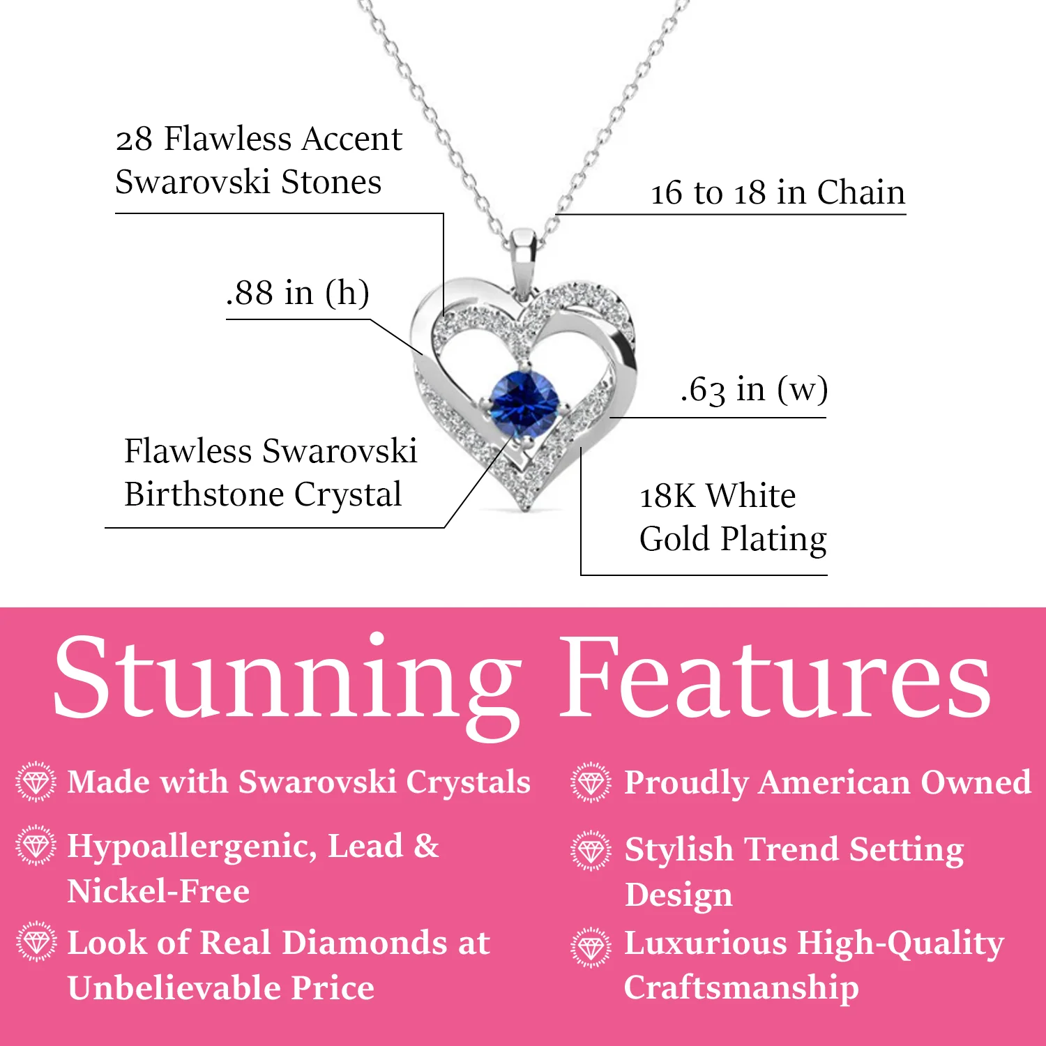 Forever September Birthstone 18k White Gold Plated Silver Double Heart Diamond Necklace with Swarovski Crystals - Image 2