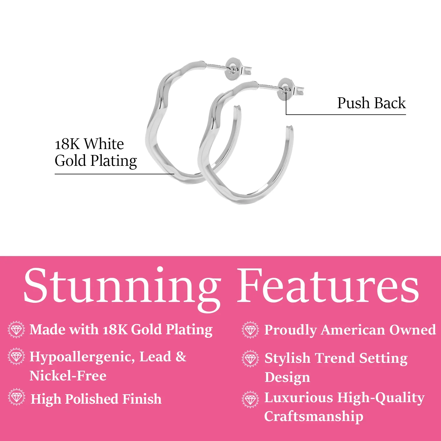 Serena 18k White Gold Plated 22mm Wavy Hoop Earrings - Image 3