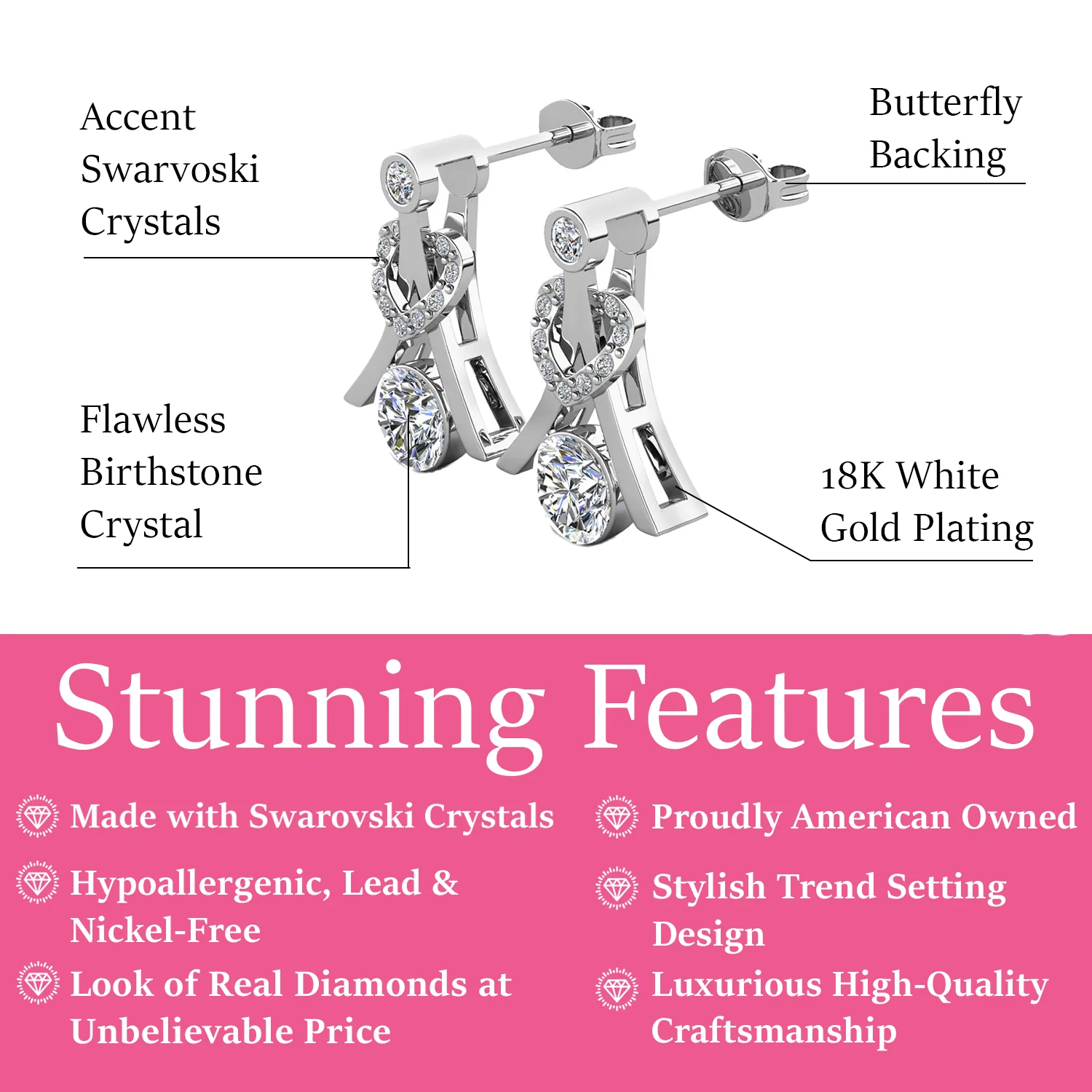 Serenity Birthstone 18k White Gold Plated Drop Earrings with Round Cut Swarovski Crystals - Image 15