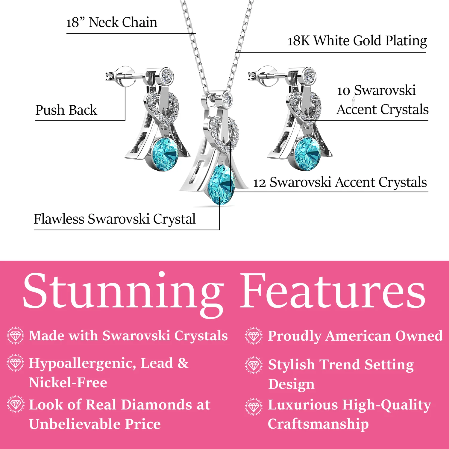Serenity Birthstone 18k White Gold Plated Drop Earrings and Necklace Set with Swarovski Crystals - Image 10