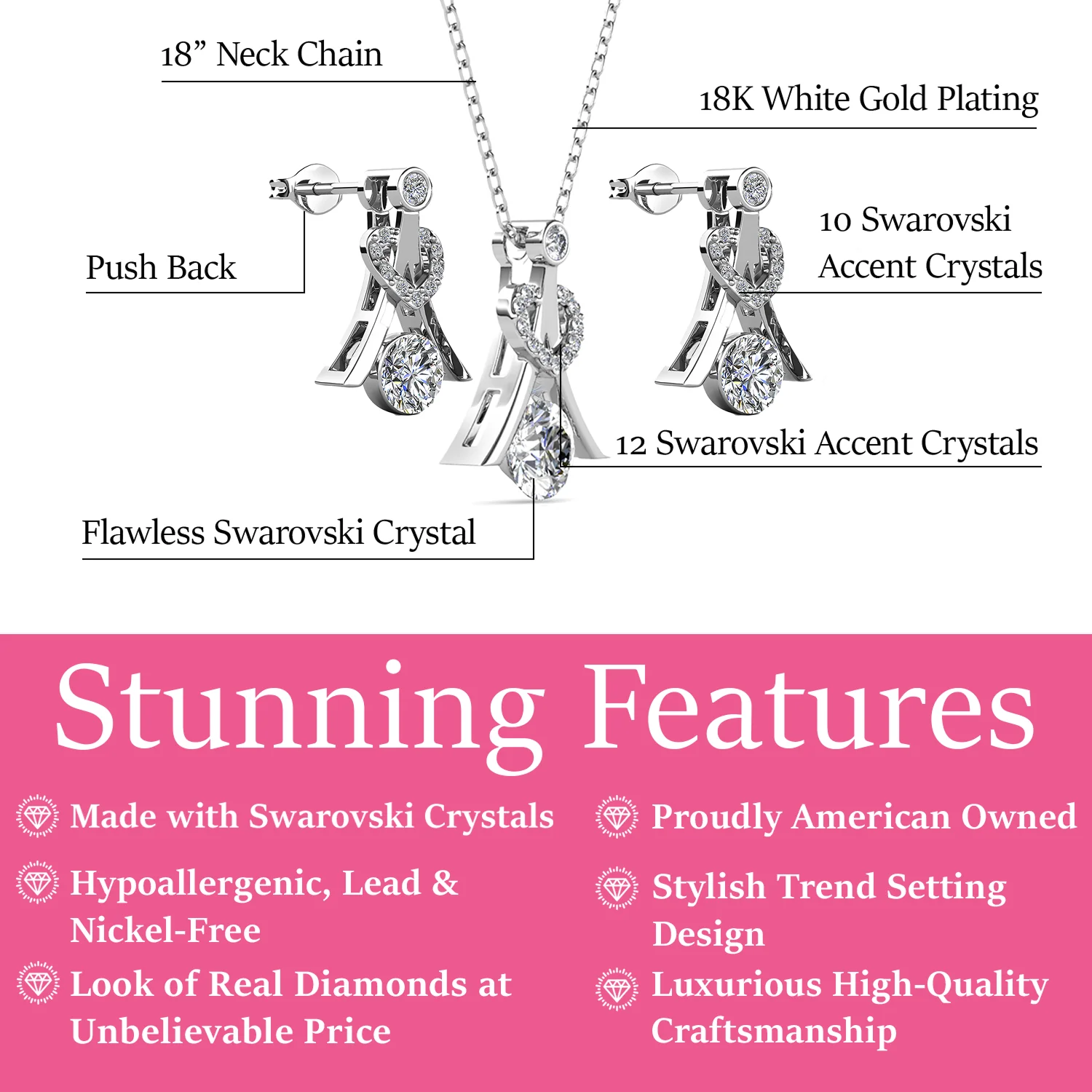 Serenity Birthstone 18k White Gold Plated Drop Earrings and Necklace Set with Swarovski Crystals - Image 12