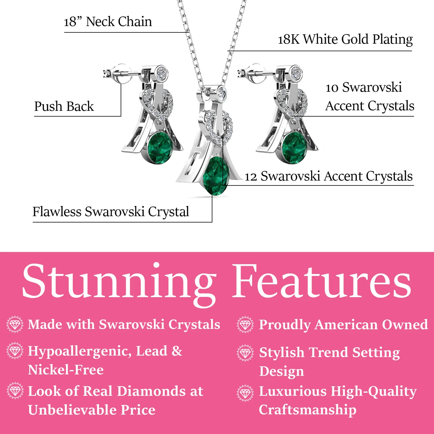 Serenity Birthstone 18k White Gold Plated Drop Earrings and Necklace Set with Swarovski Crystals - Image 14
