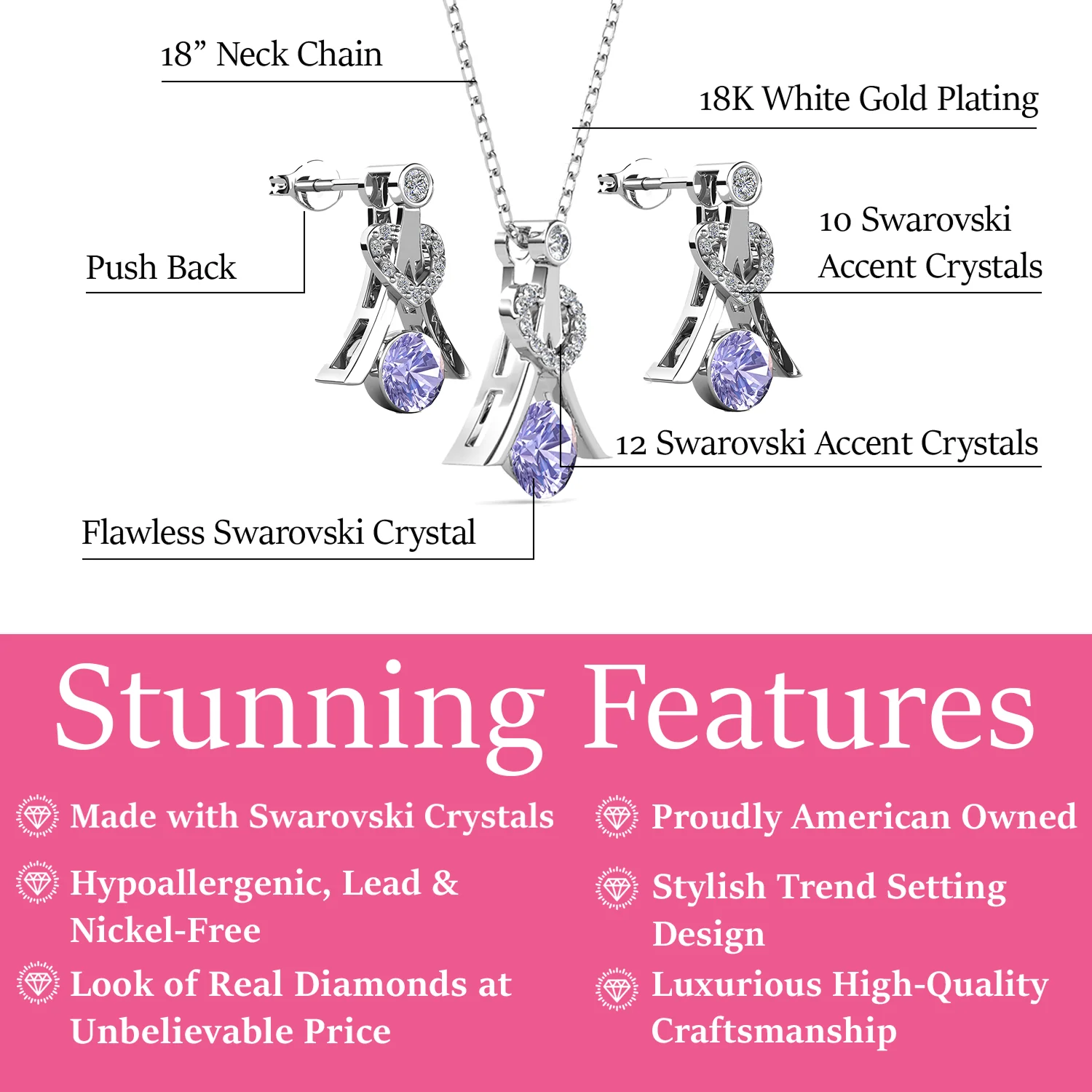 Serenity Birthstone 18k White Gold Plated Drop Earrings and Necklace Set with Swarovski Crystals - Image 16