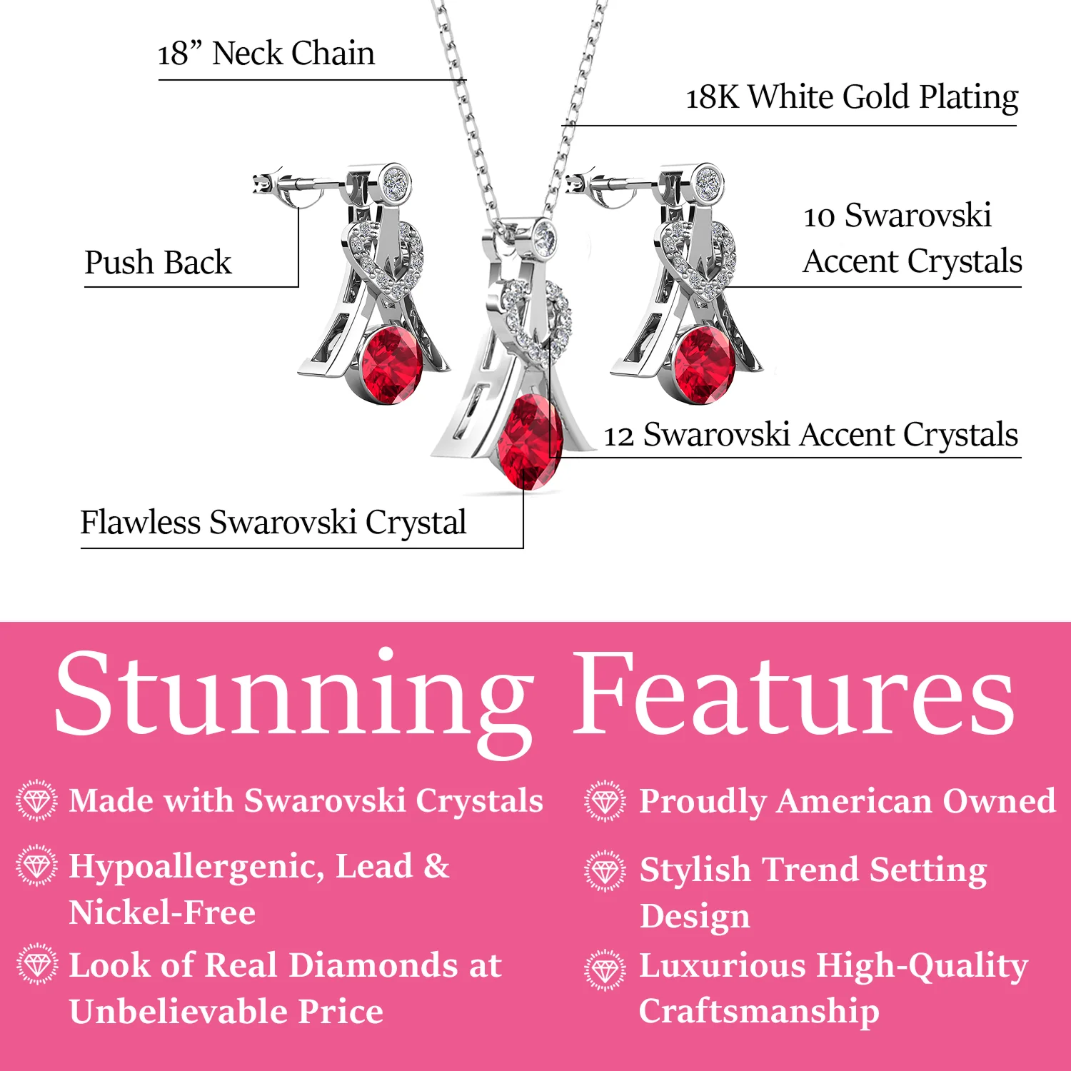 Serenity Birthstone 18k White Gold Plated Drop Earrings and Necklace Set with Swarovski Crystals - Image 18