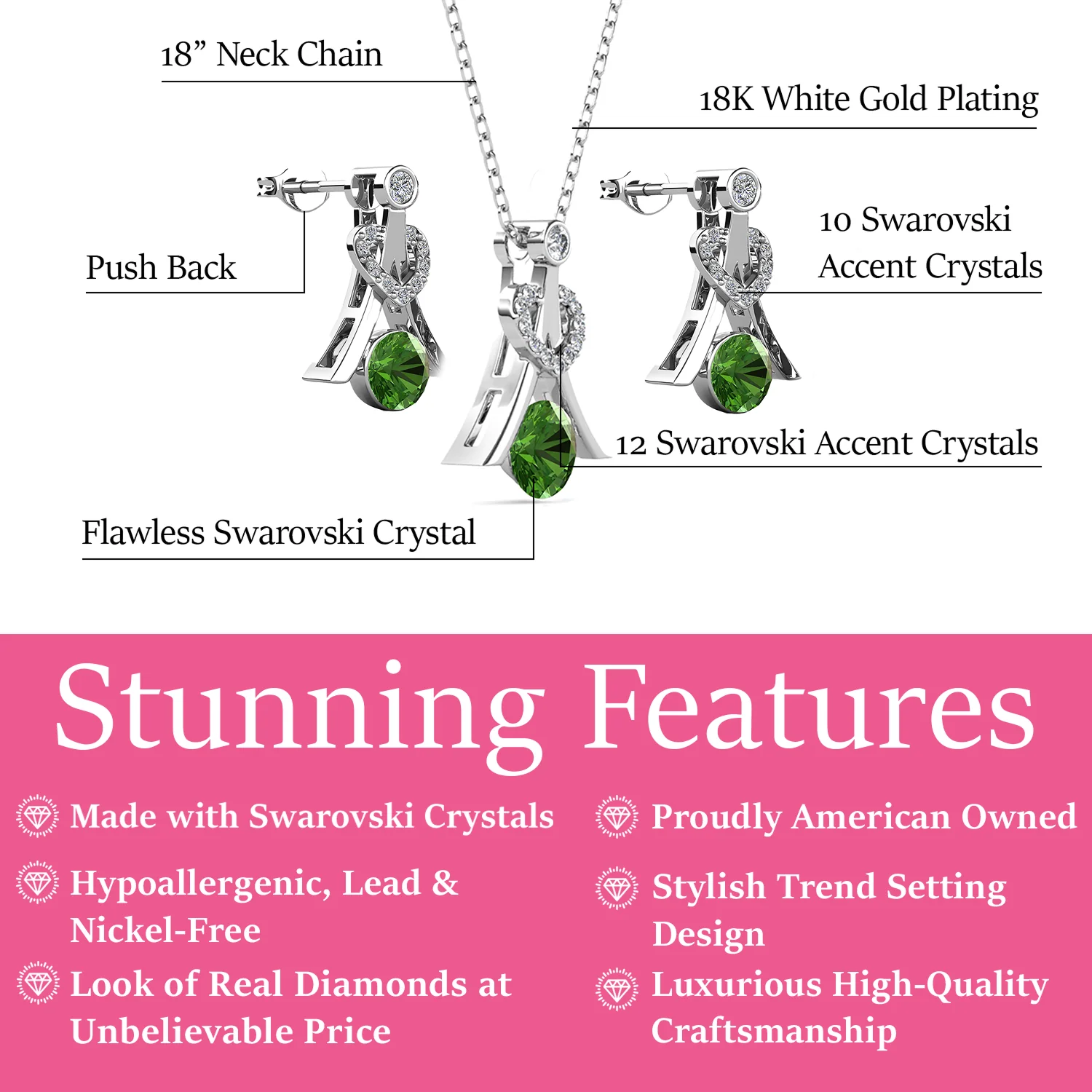 Serenity Birthstone 18k White Gold Plated Drop Earrings and Necklace Set with Swarovski Crystals - Image 20