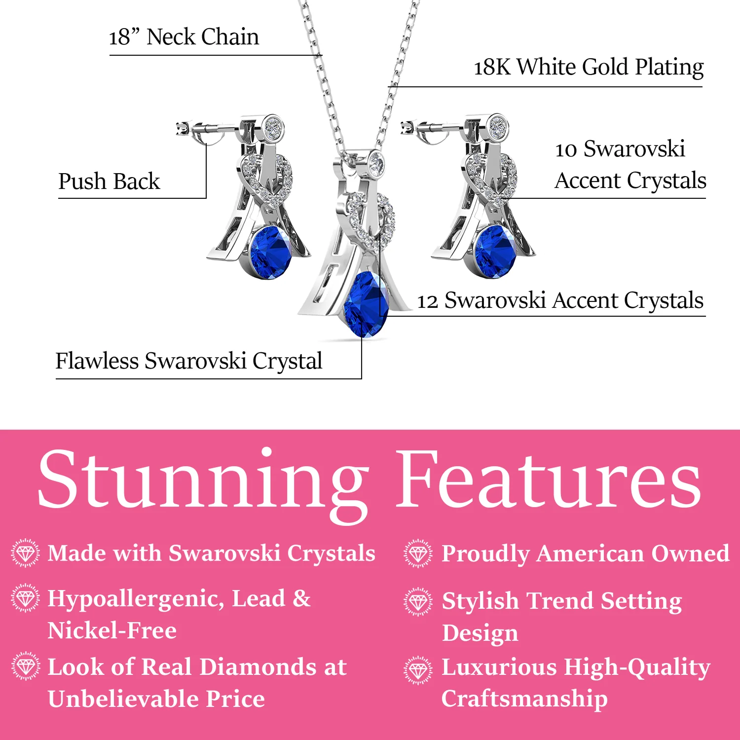 Serenity Birthstone 18k White Gold Plated Drop Earrings and Necklace Set with Swarovski Crystals - Image 22