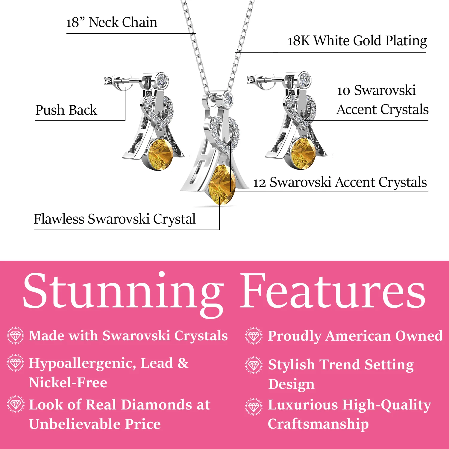 Serenity Birthstone 18k White Gold Plated Drop Earrings and Necklace Set with Swarovski Crystals - Image 26