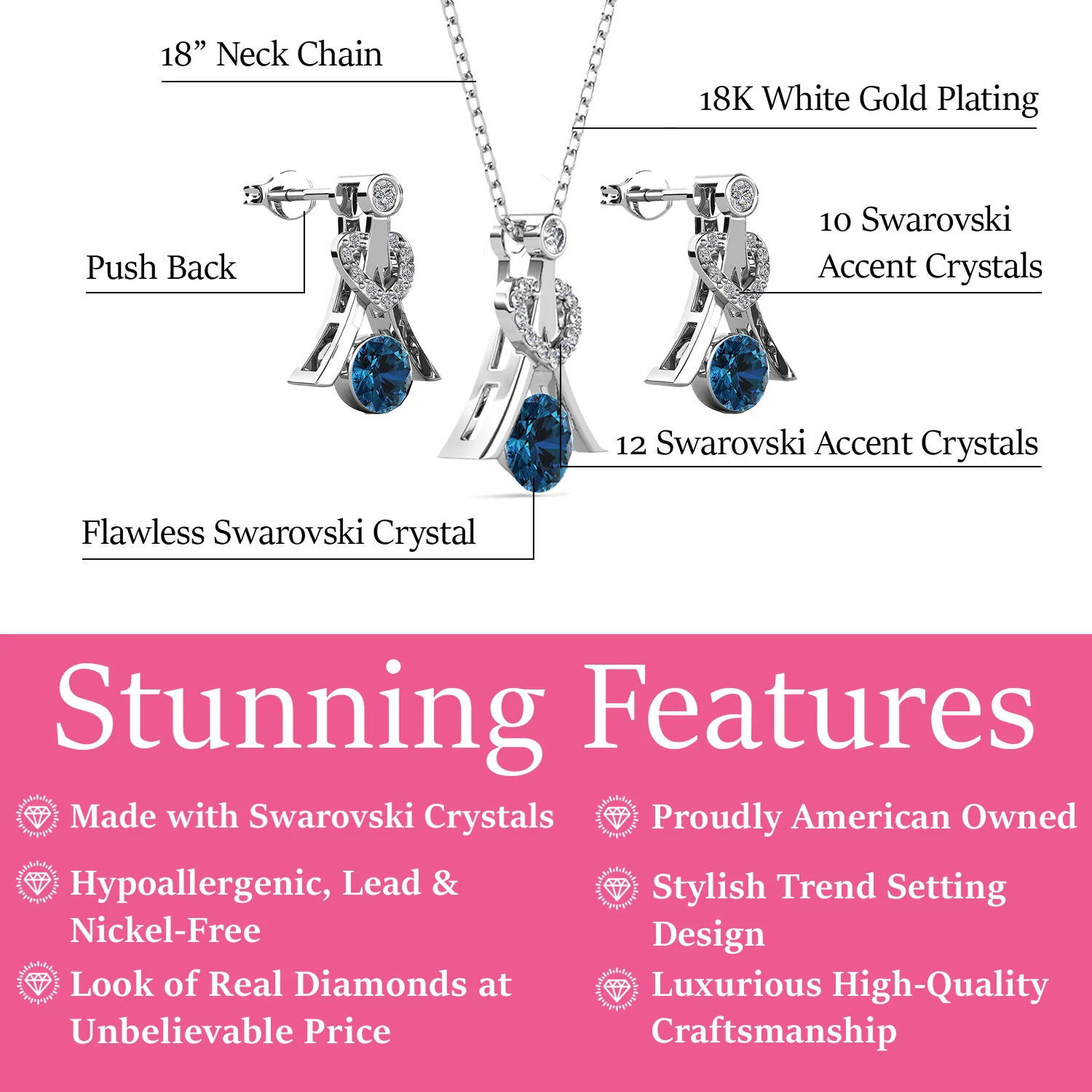 Serenity Birthstone 18k White Gold Plated Drop Earrings and Necklace Set with Swarovski Crystals - Image 28