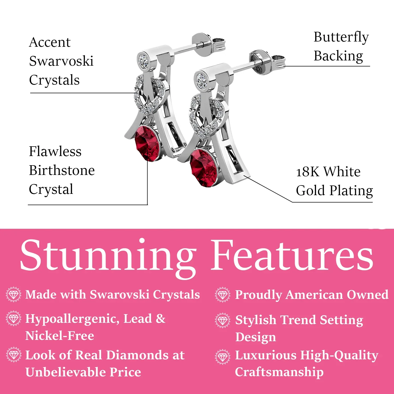 Serenity Birthstone 18k White Gold Plated Drop Earrings with Round Cut Swarovski Crystals - Image 3