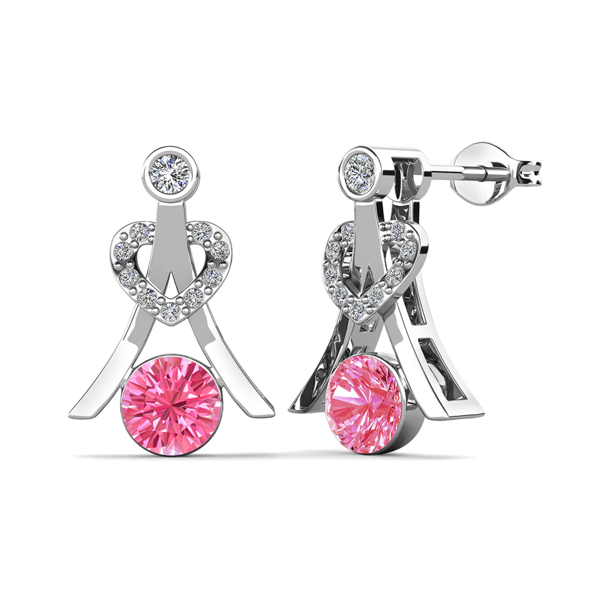 Serenity October Birthstone Pink Tourmaline Earrings 18k White Gold Plated Silver Earrings with Round Cut Swarovski Crystals - Image 6