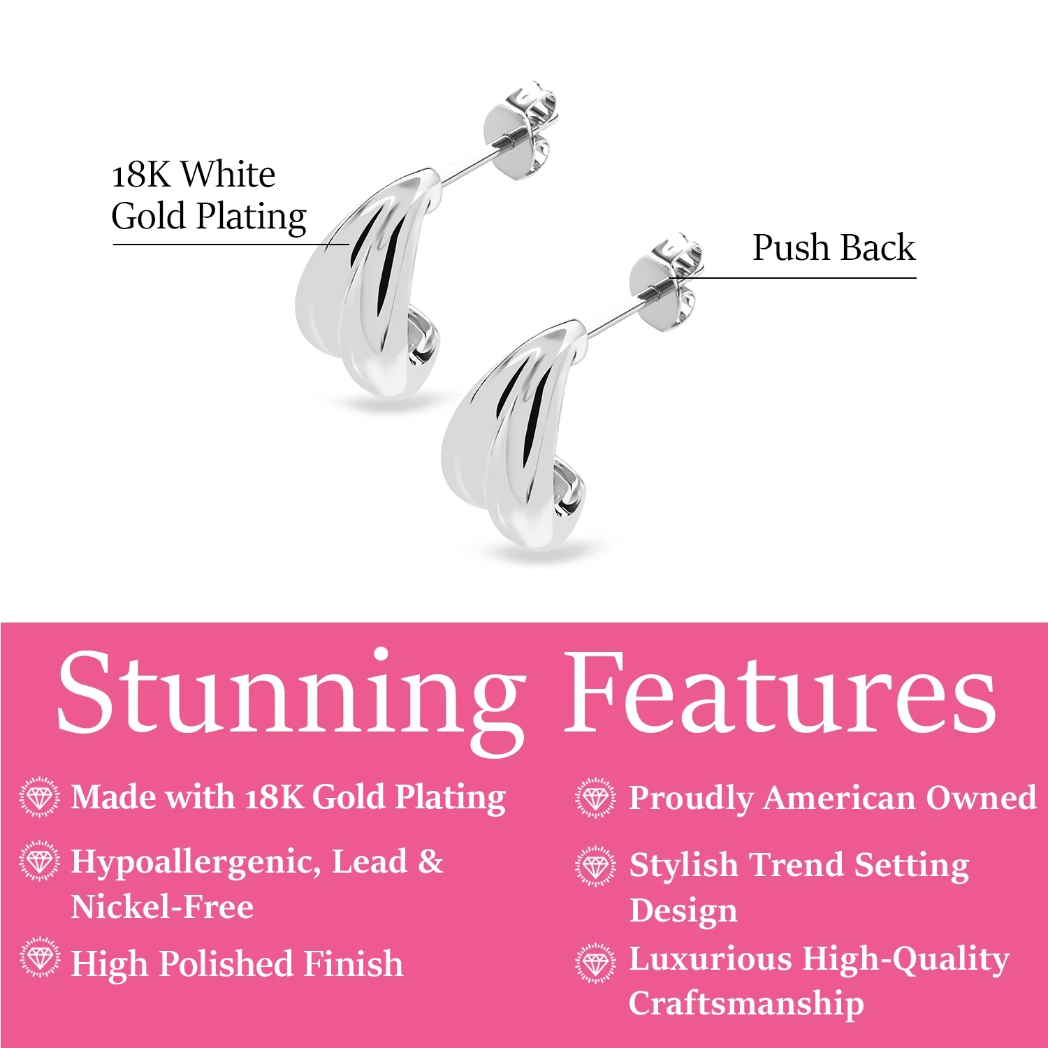 Shae 18k White Gold Plated Semi-Hoop Curved Stud Earrings - Image 3