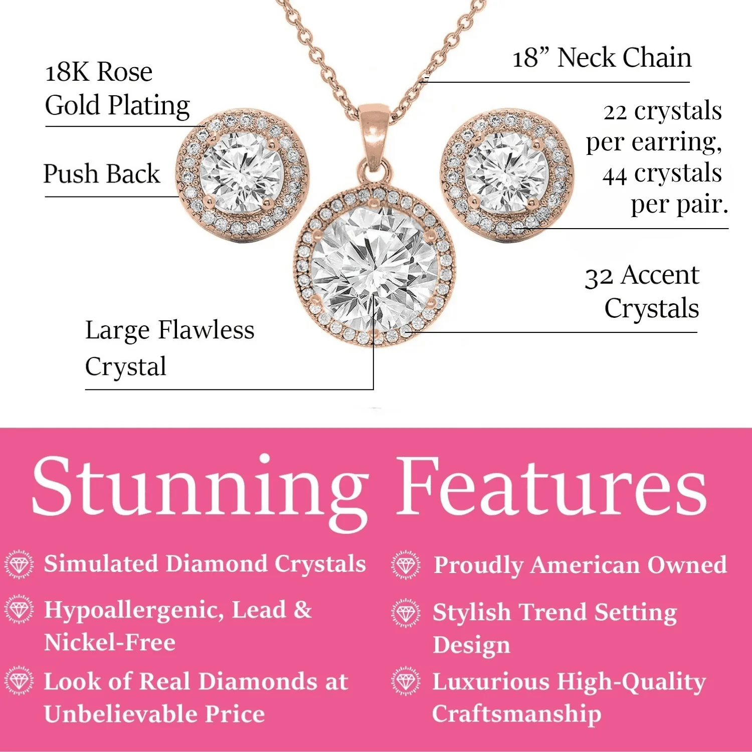Sophia 18k White Gold Plated Halo Stud Earring and Necklace Jewelry Set with Simulated Diamond Crystals - Image 10
