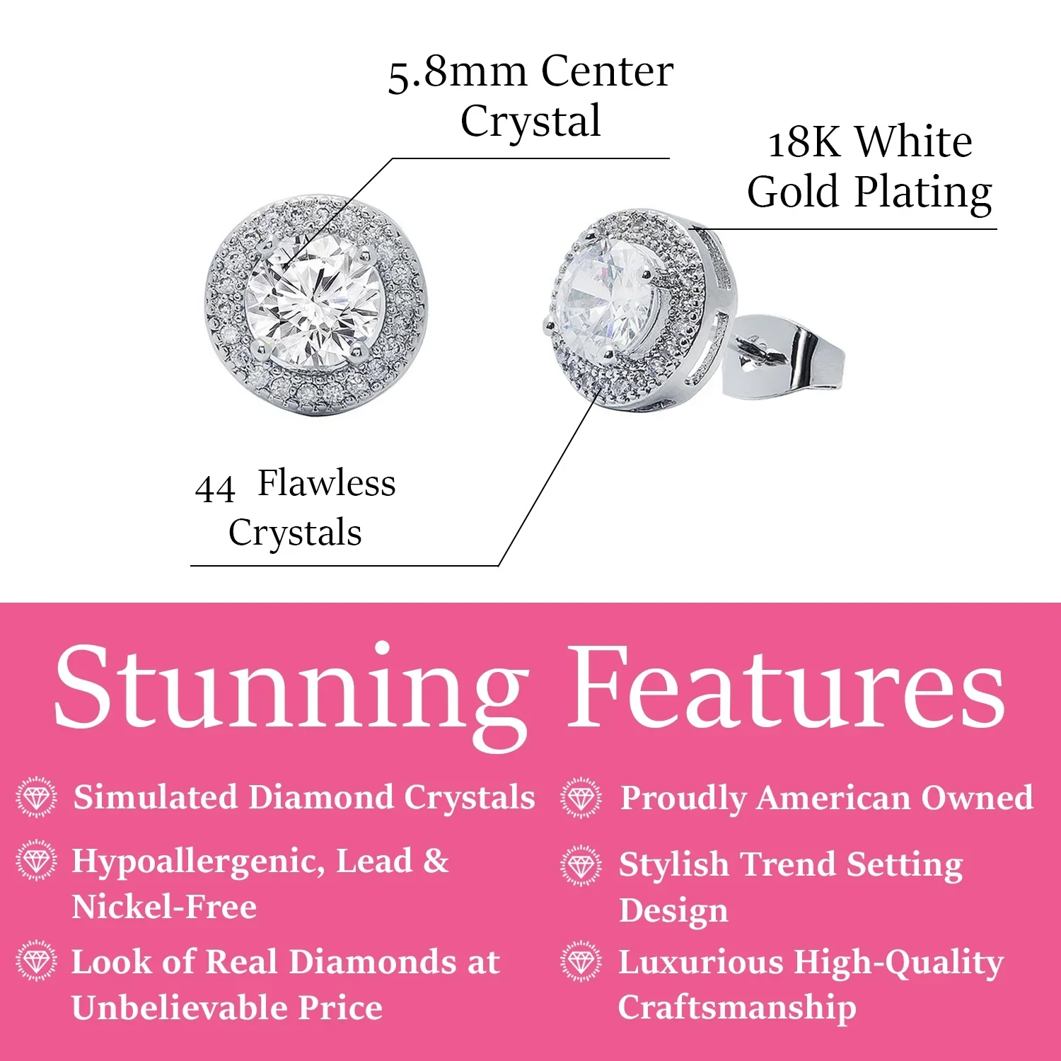 Sophia 18k White Gold Plated Halo Stud Earrings with Round Cut Simulated Diamond Crystals - Image 3