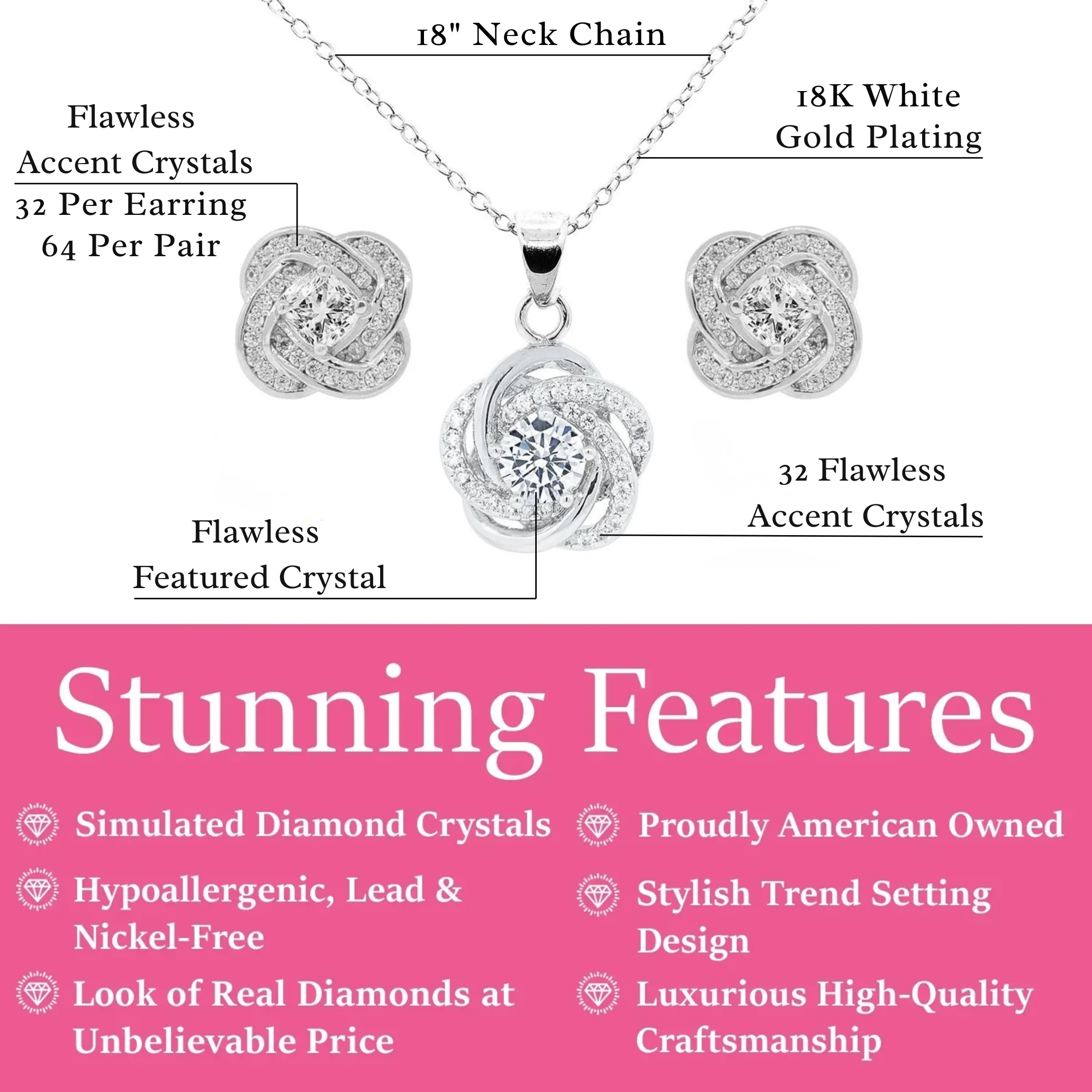 Stella 18k White Gold Plated Pendant Necklace and Stud Earrings Jewelry Set with Simulated Diamond Crystals - Image 3