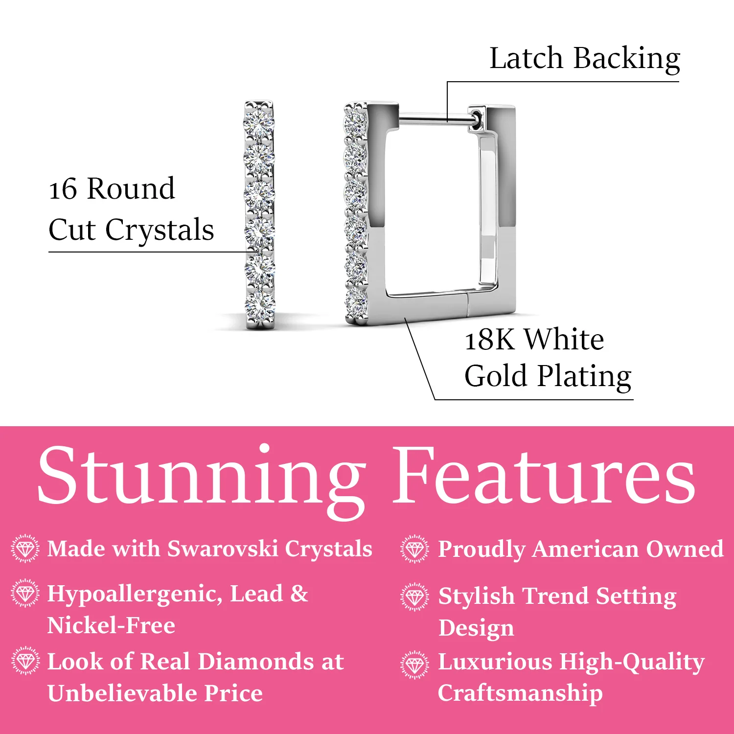 Sydney 18k White Gold Plated 14mm Square Hoop Earrings with Swarovski Crystals - Image 3