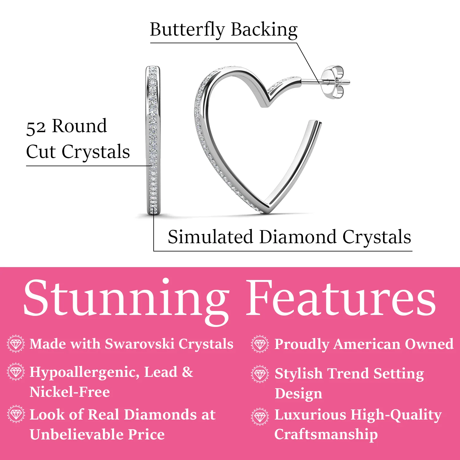 Sylvia 18k White Gold Plated 25mm Heart Hoop Earrings with Swarovski Crystals - Image 3