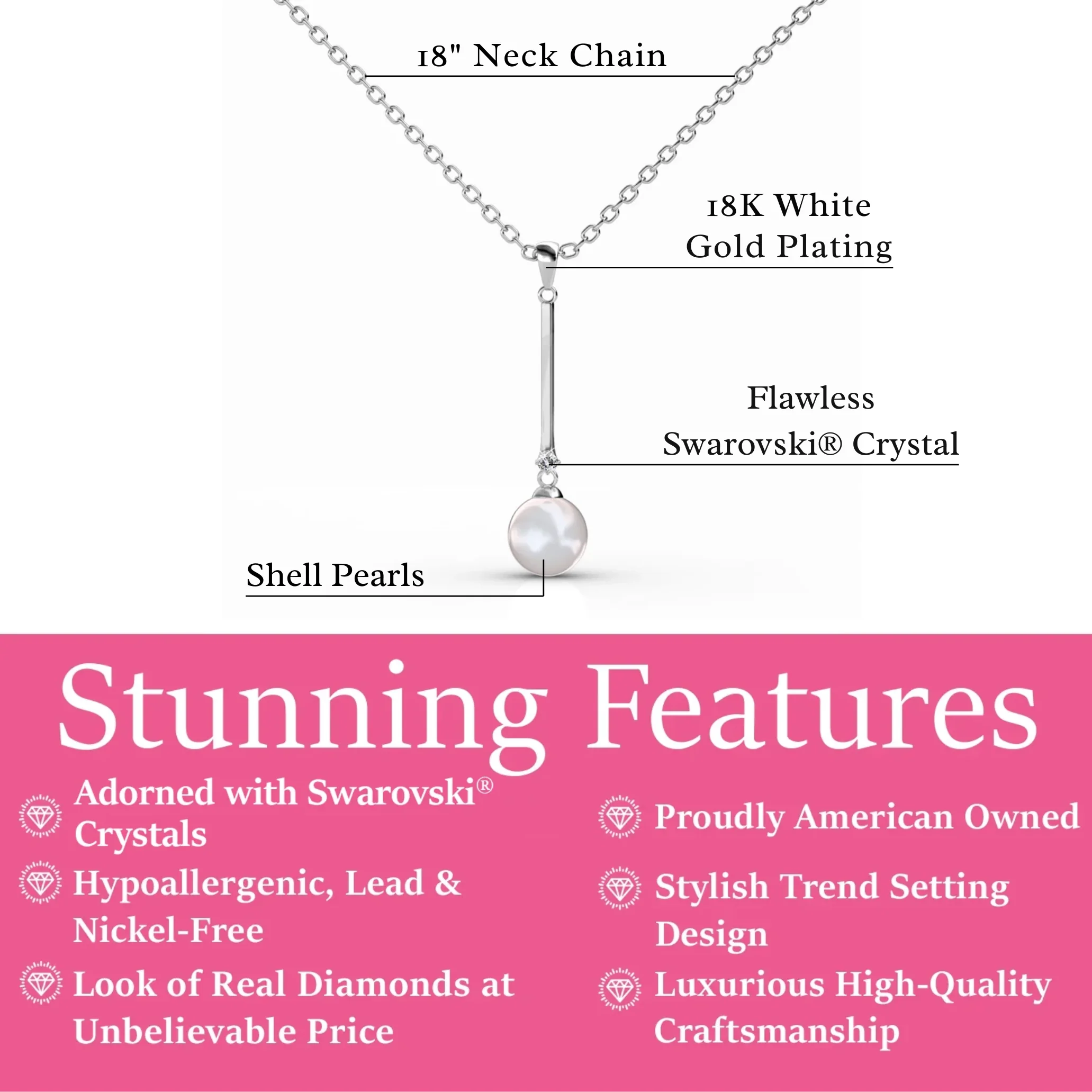 Tatum 18k White Gold Plated Dangle Pearl Pendant Necklace - Image 3