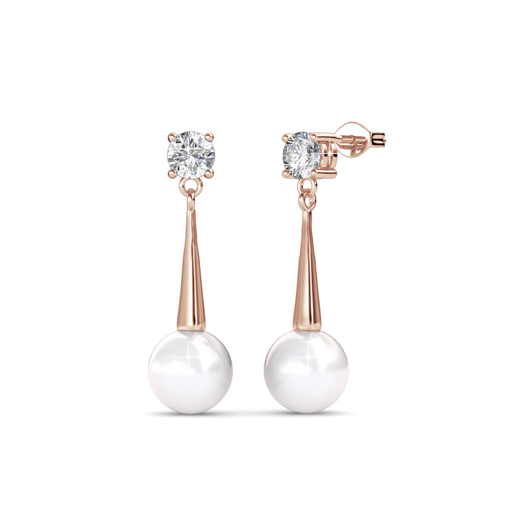 Tatum 18k White Gold Plated Pearl Dangling Stud Earrings with Swarovski Crystal - Image 10