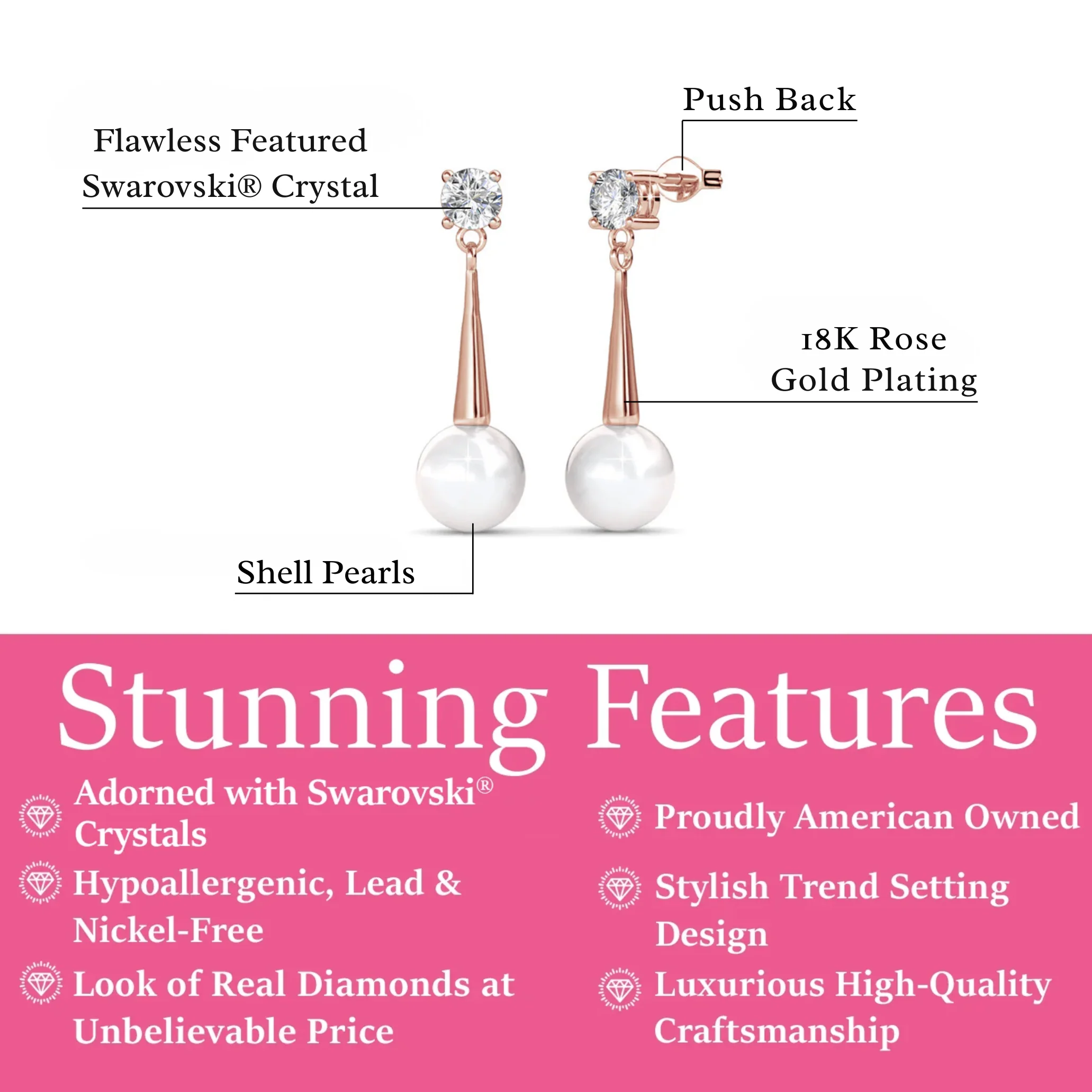 Tatum 18k White Gold Plated Pearl Dangling Stud Earrings with Swarovski Crystal - Image 11
