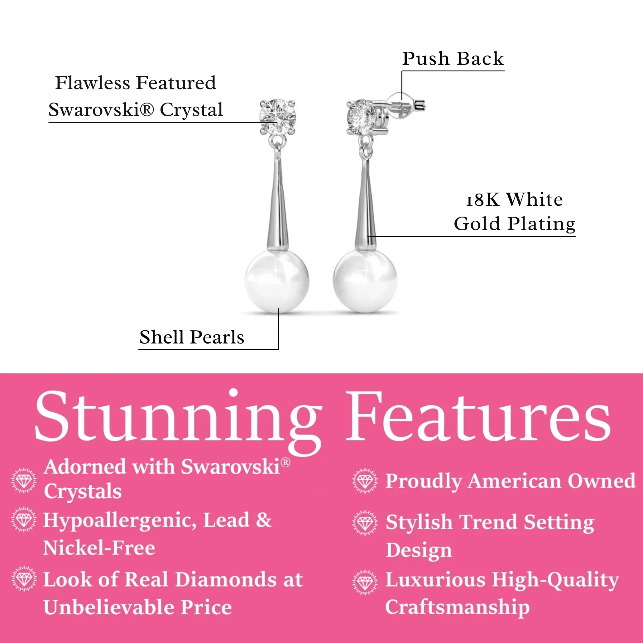 Tatum 18k White Gold Plated Pearl Dangling Stud Earrings with Swarovski Crystal - Image 3