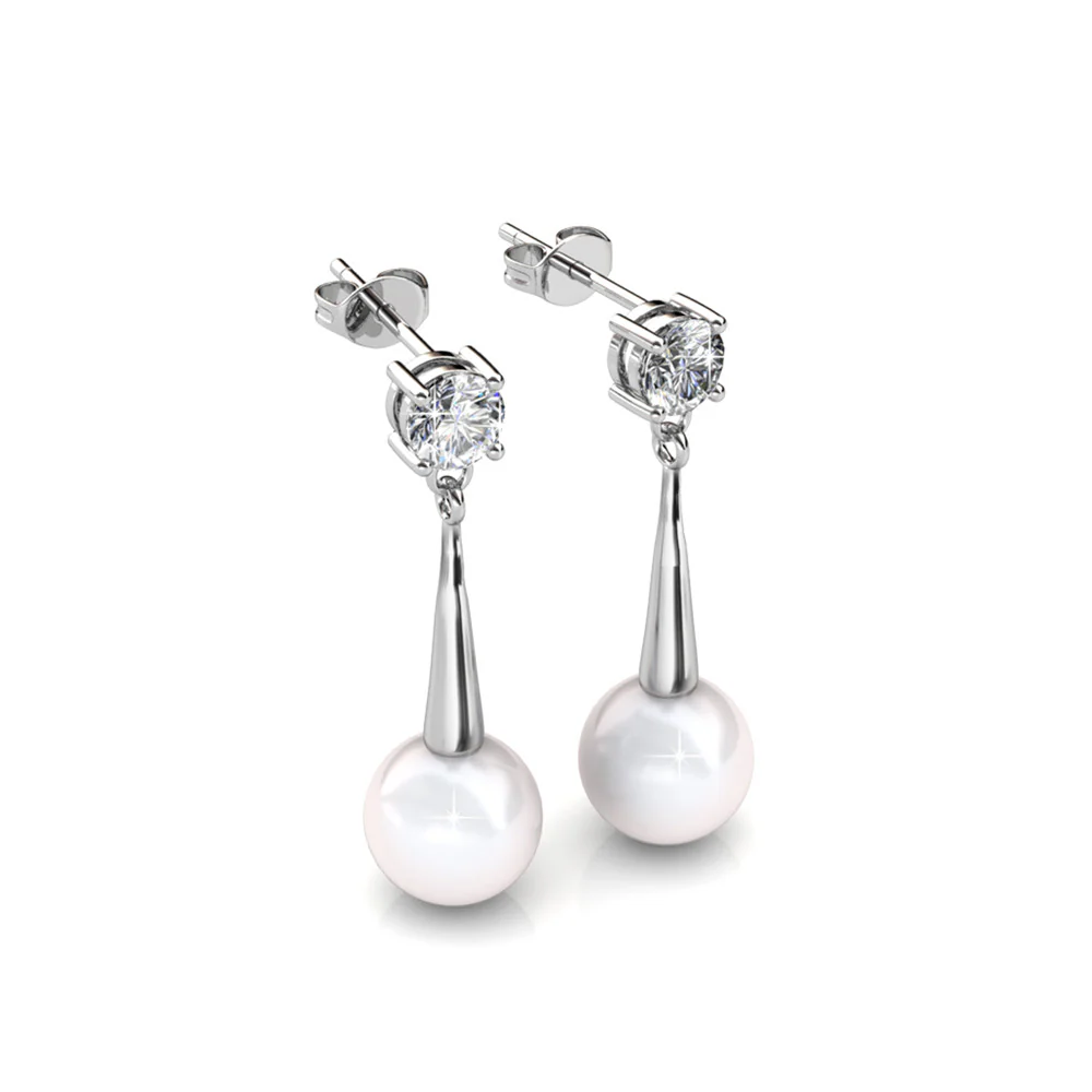 Tatum 18k White Gold Plated Pearl Dangling Stud Earrings with Swarovski Crystal - Image 7