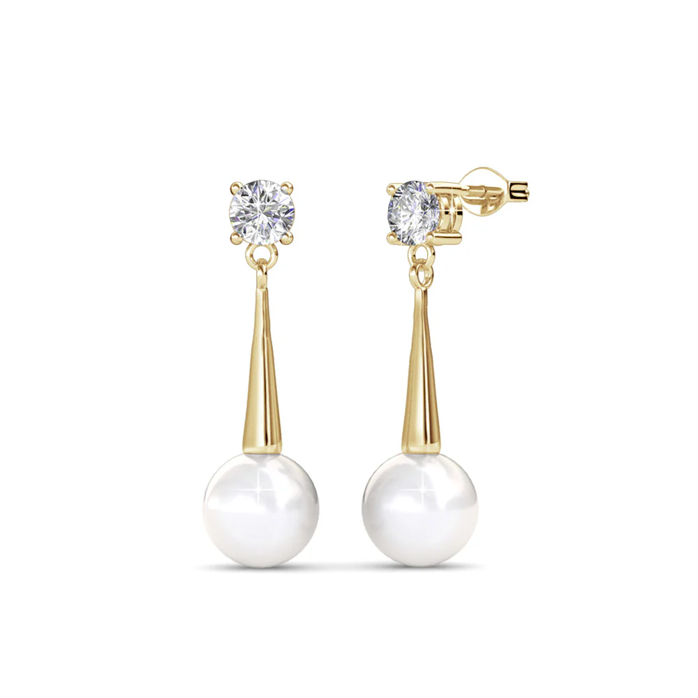 Tatum 18k White Gold Plated Pearl Dangling Stud Earrings with Swarovski Crystal - Image 8