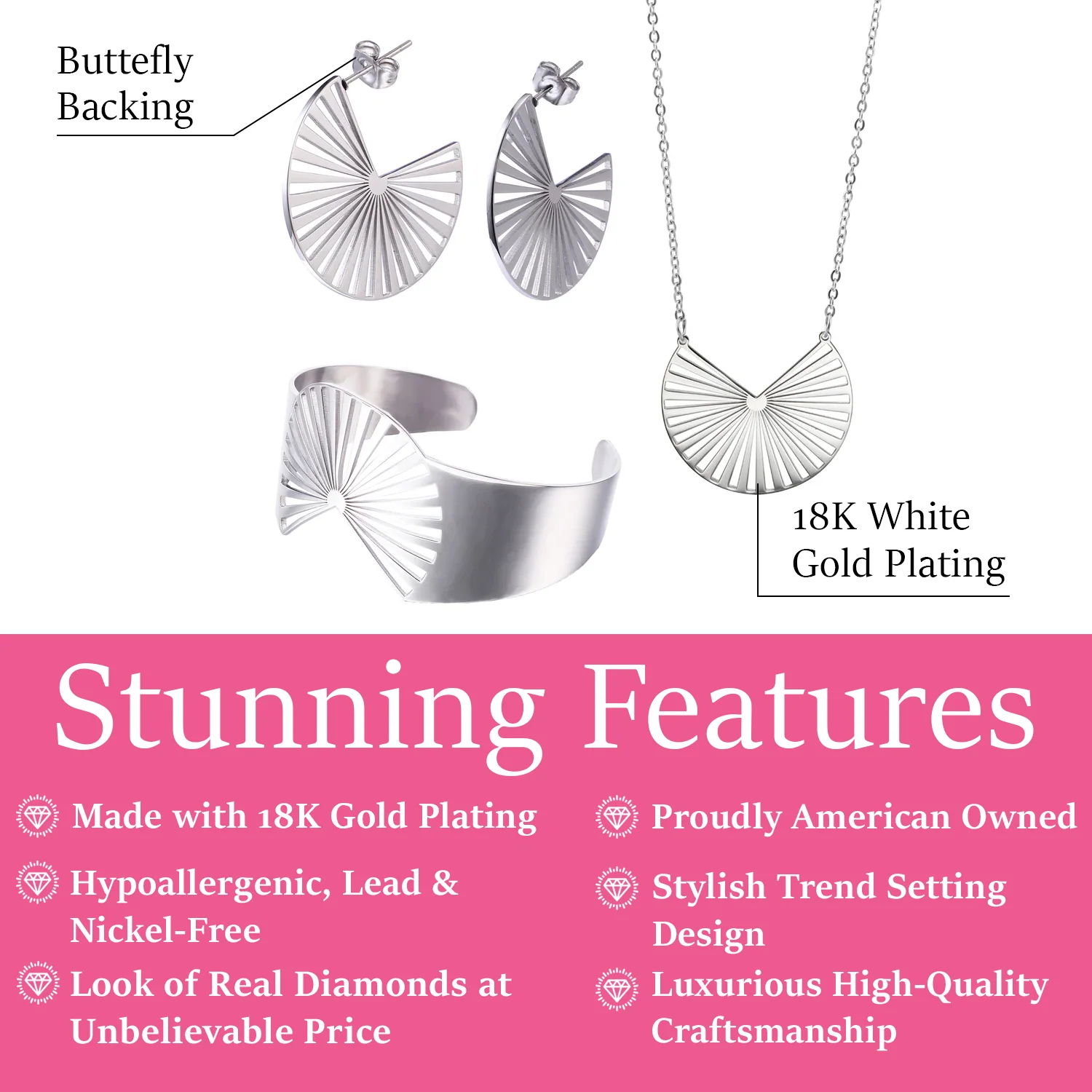 Taylor 18k White Gold Plated Stainless Steel Earrings Bracelet and Necklace Set — Final Sale - Image 3